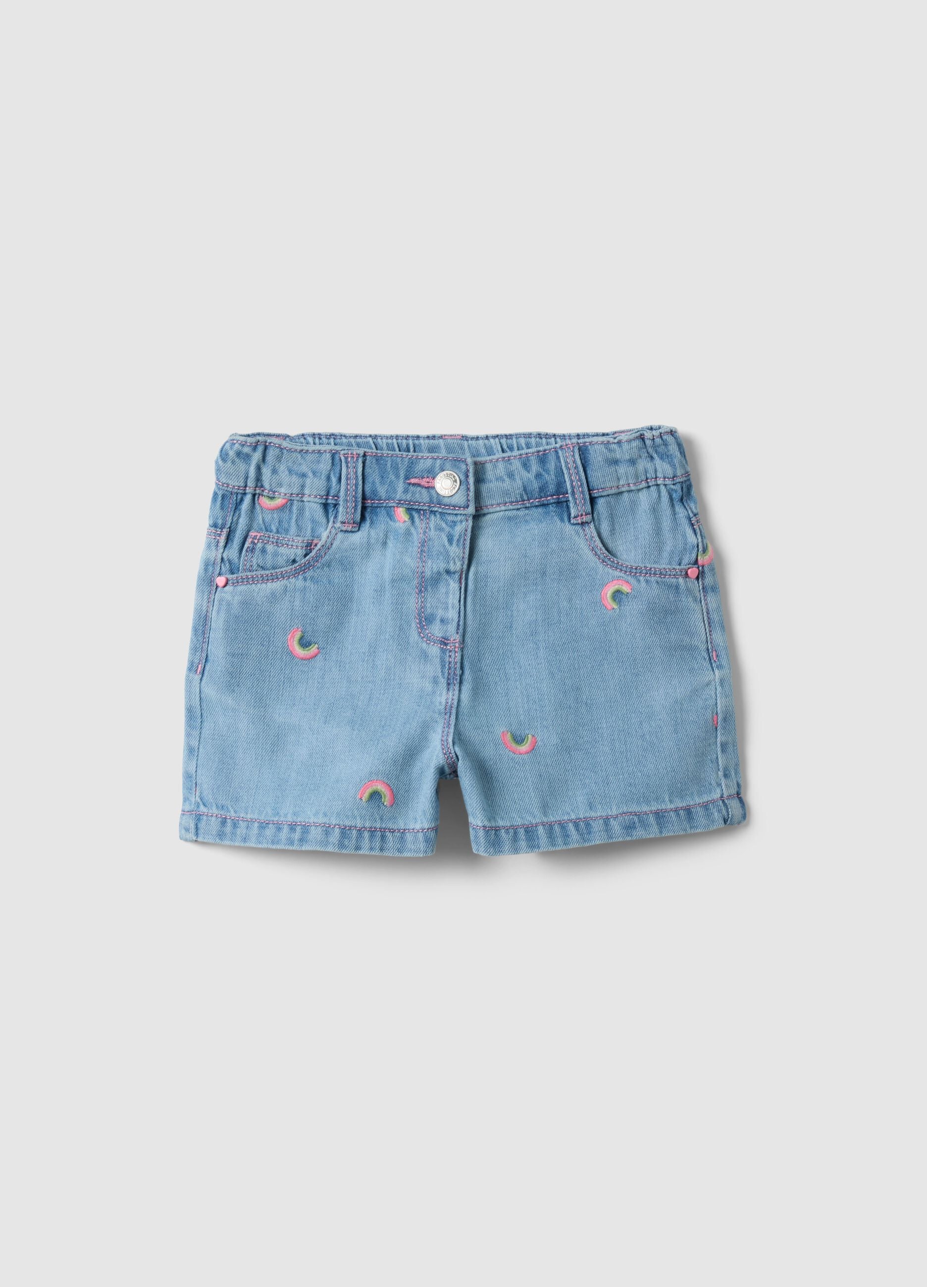 Blue denim cotton blend shorts for girls, regular fit, with embroidery