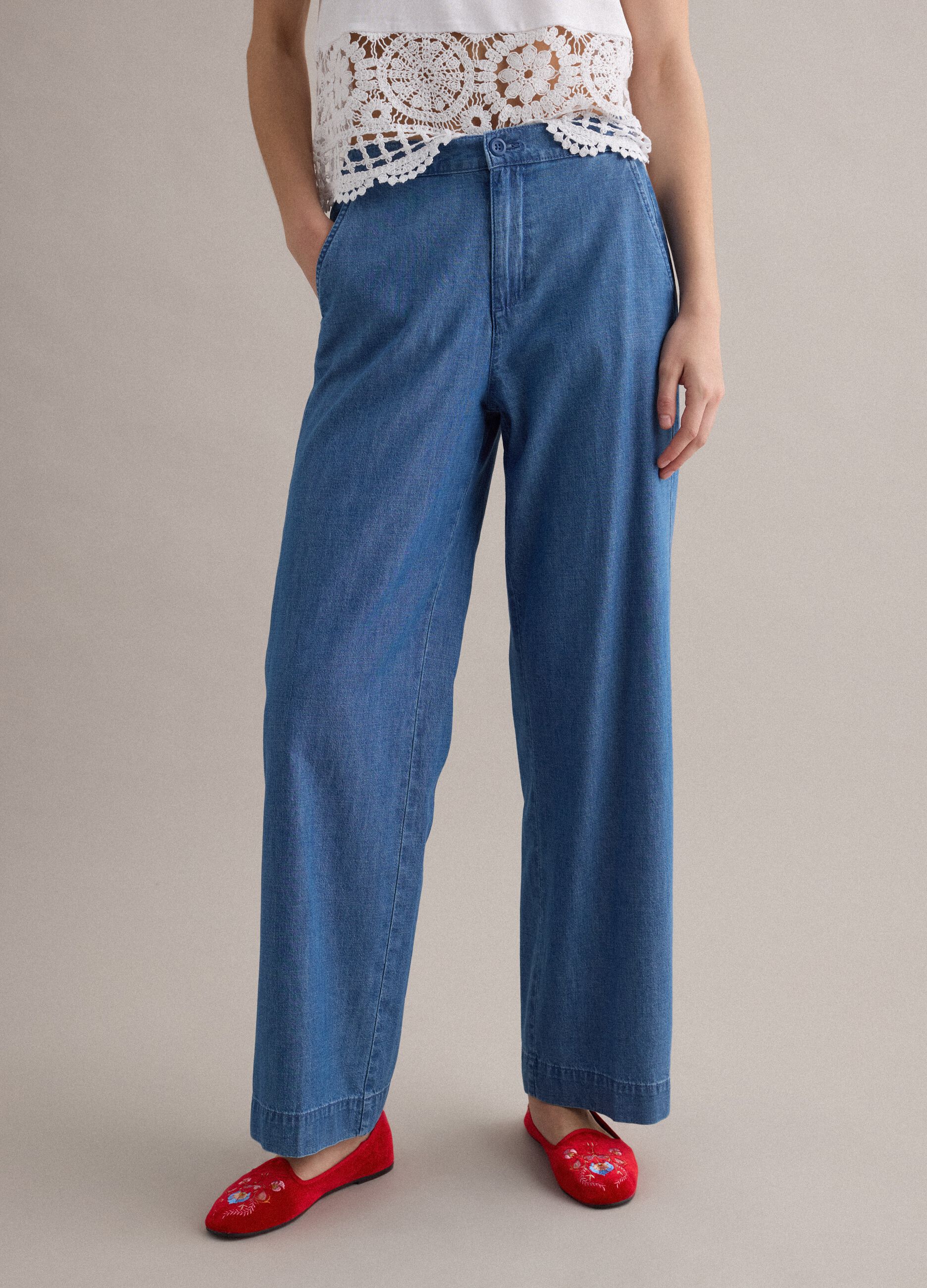 Wide-leg blue cotton trousers