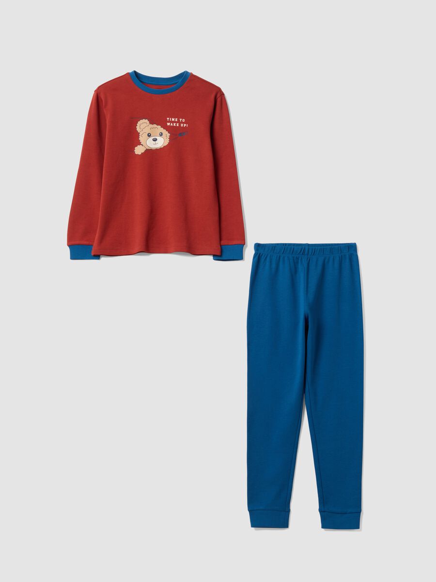 Red organic cotton pyjamas with crew neck and teddy print_0