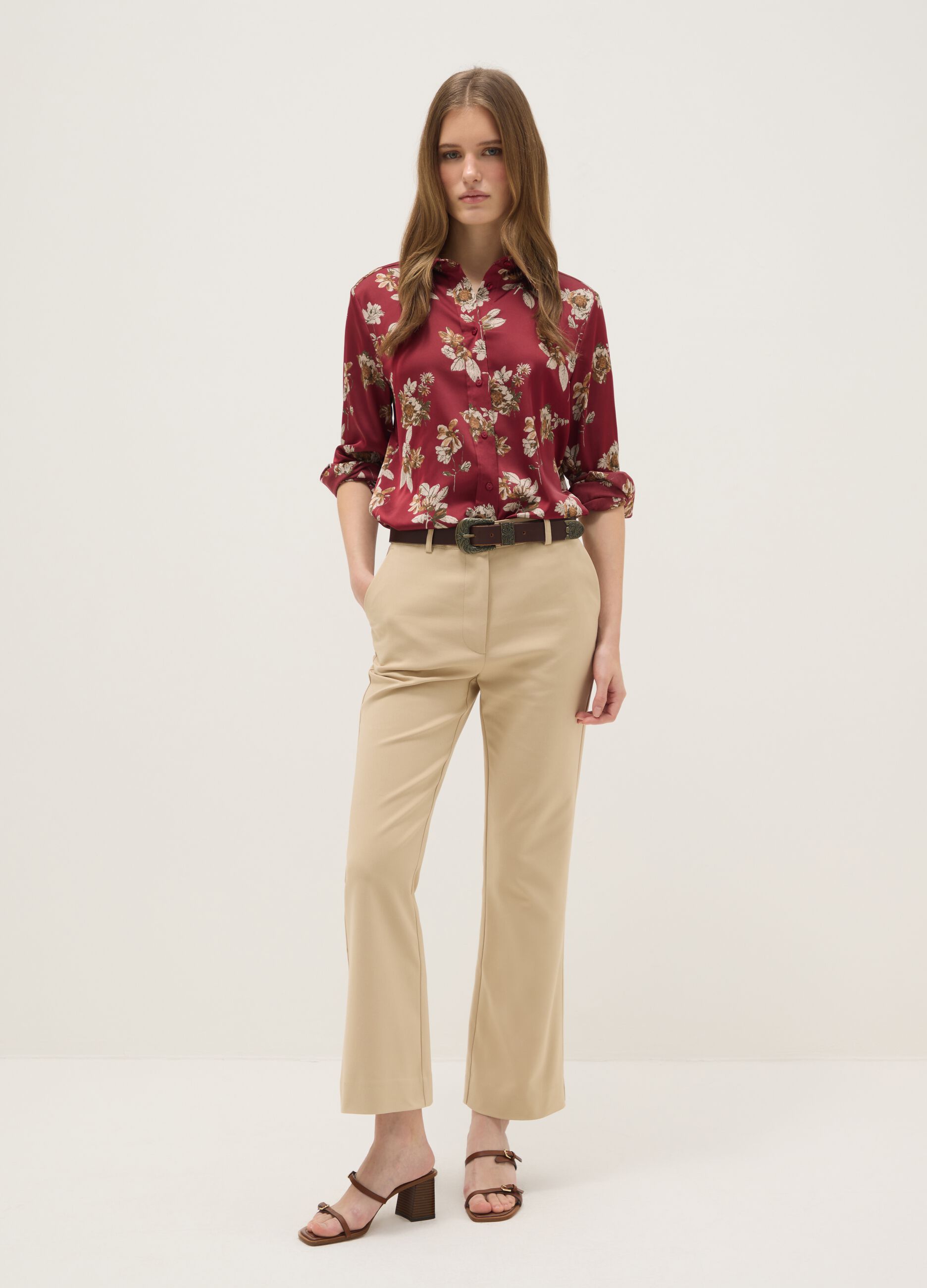 Beige regular fit cotton blend chino trousers