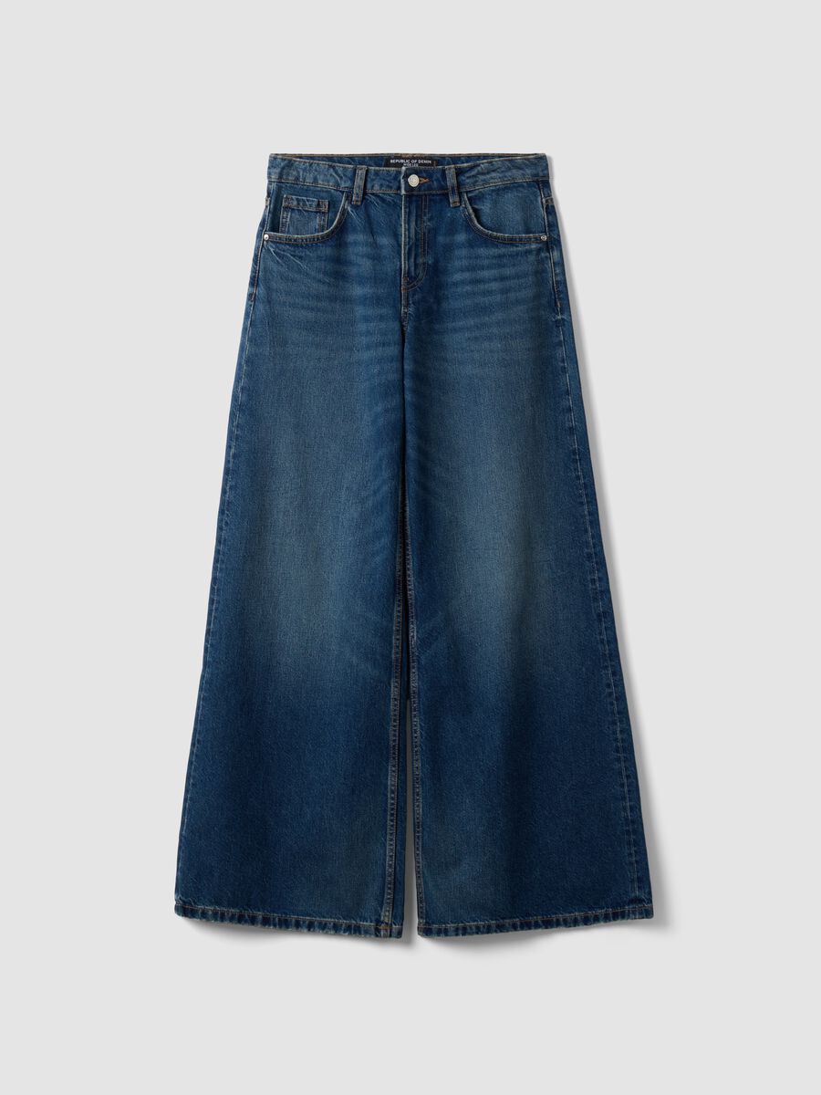 Blue pure cotton low-rise wide-leg jeans_4