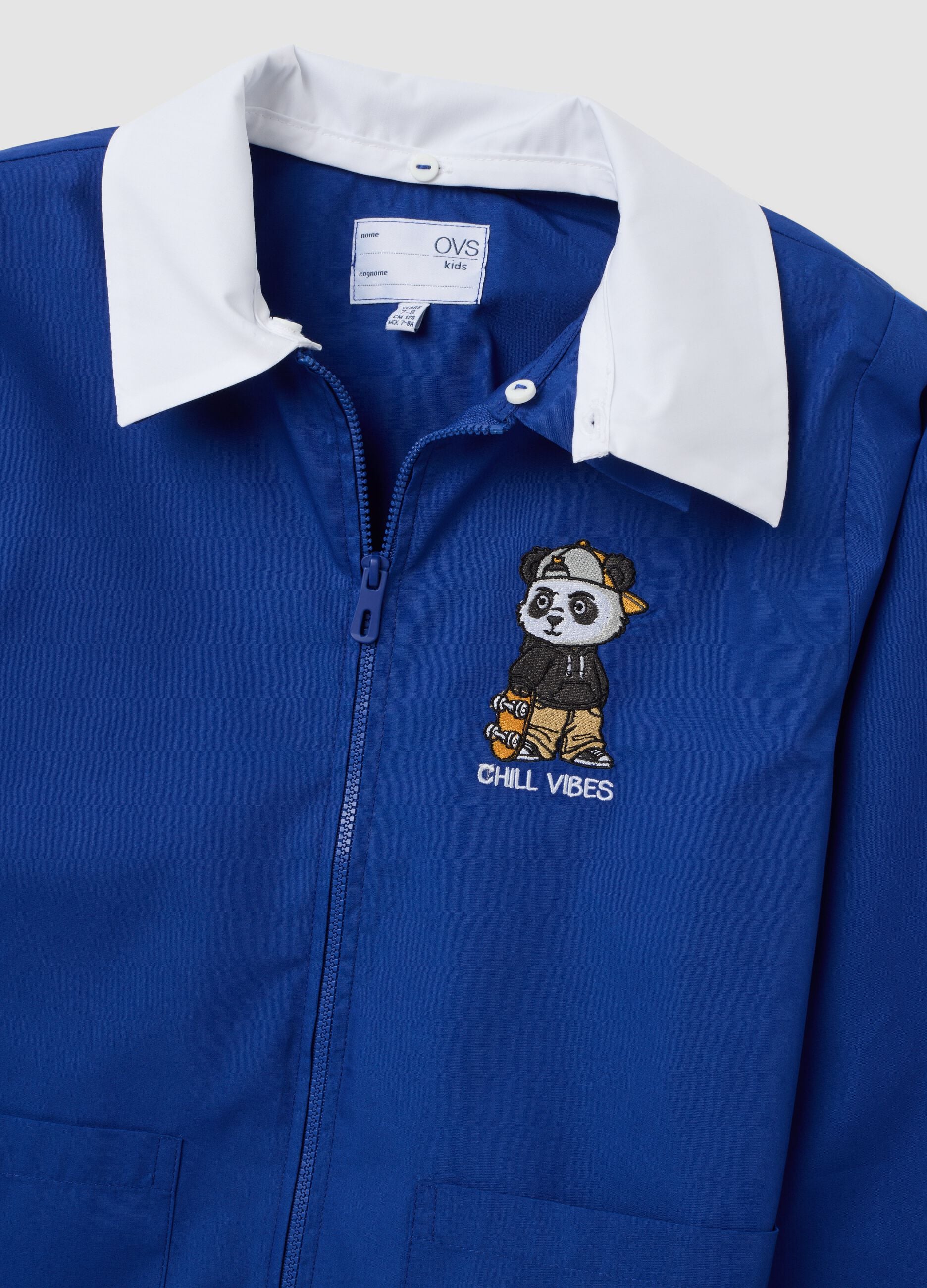 Customisable blue school smock with zip and panda embroidery for boys