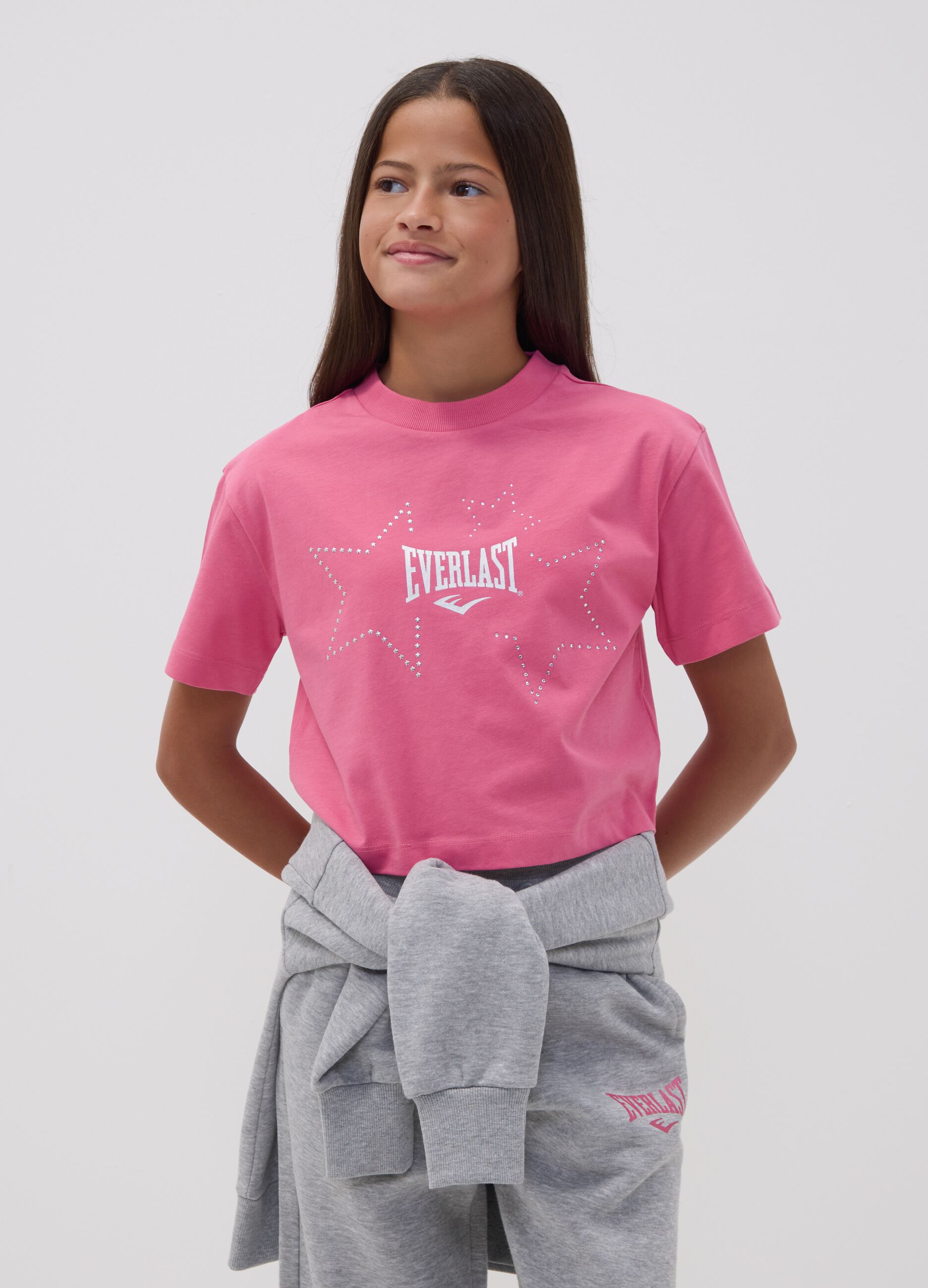 Pink pure cotton T-shirt with appliqu&eacute; stars, regular fit for girls