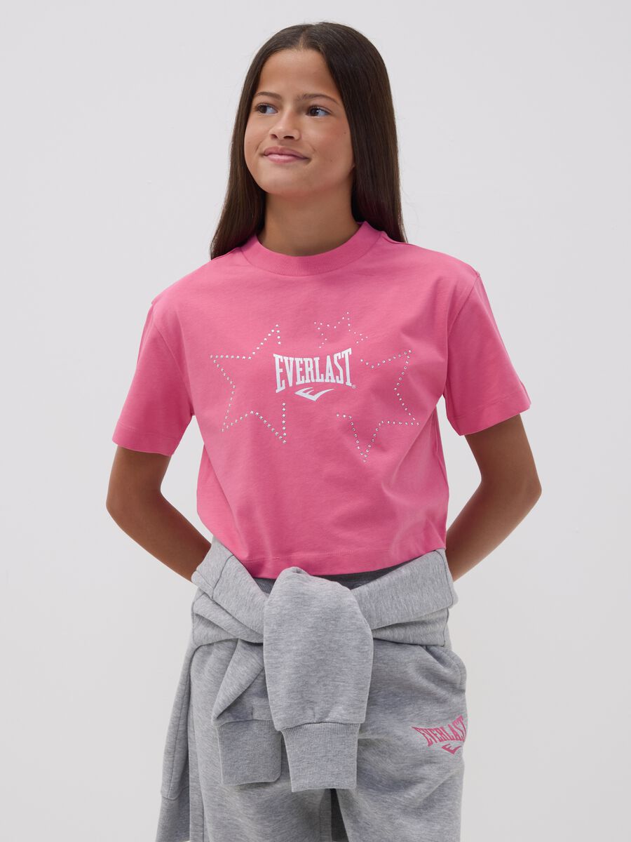 Pink pure cotton T-shirt with appliqu&eacute; stars, regular fit for girls_1