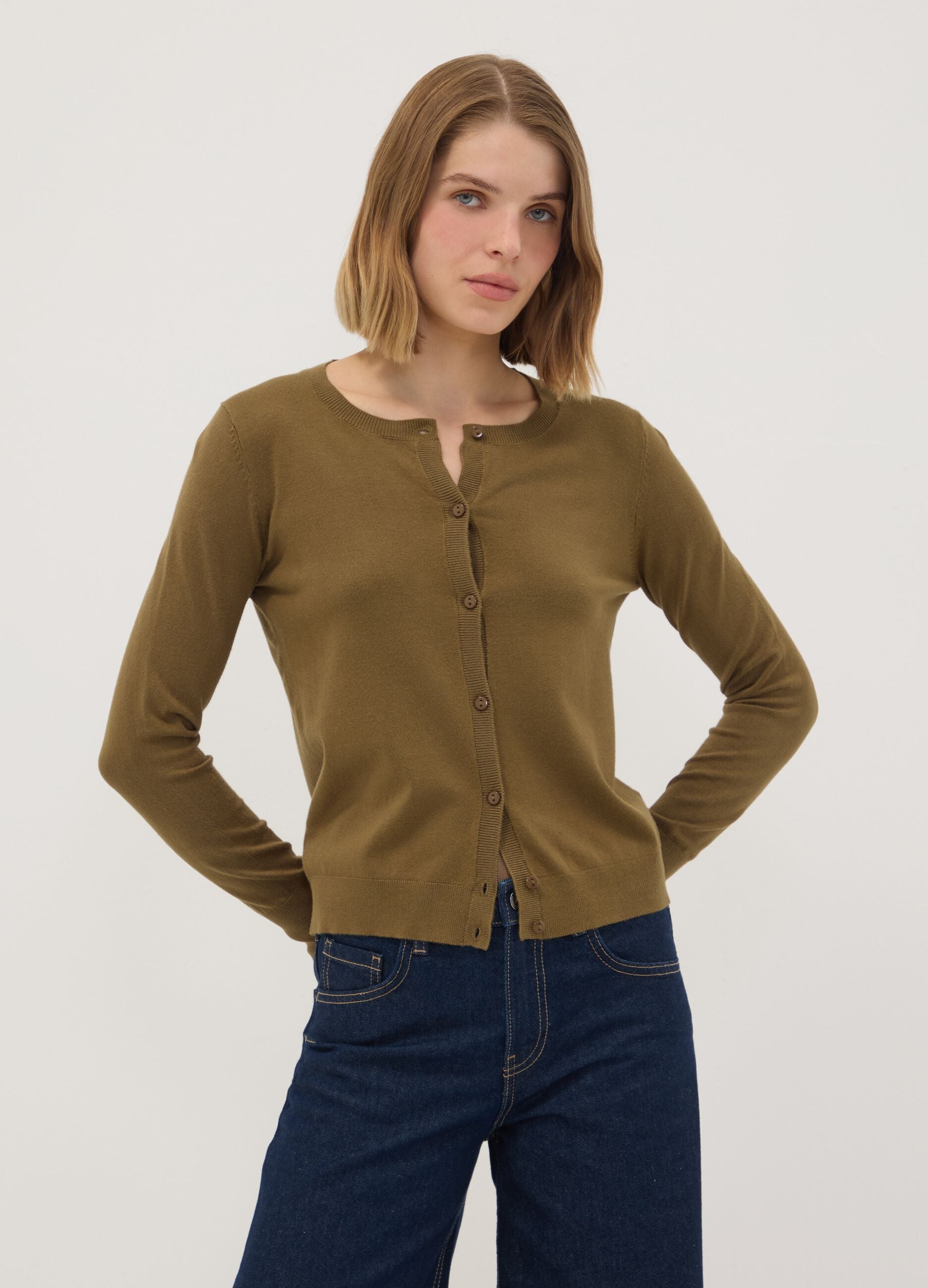 Green viscose-blend crew-neck cardigan, regular fit