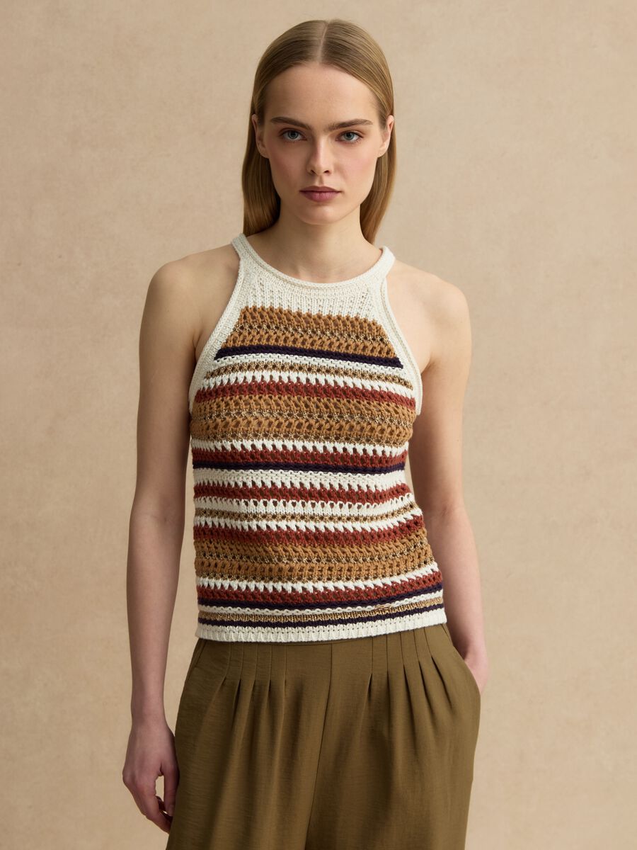Multicolour striped fitted knitted cotton-blend top_1