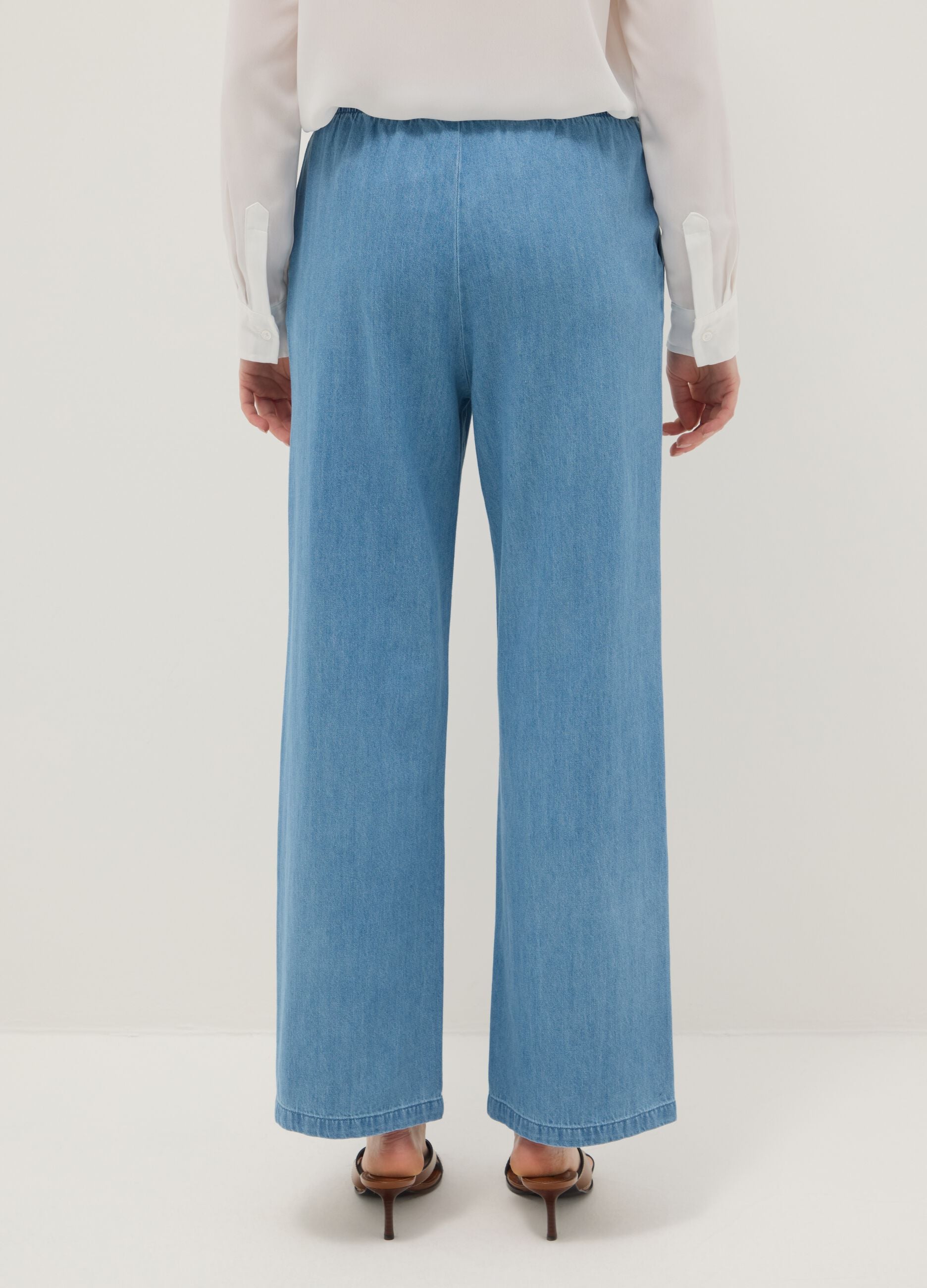 Blue wide leg denim trousers in pure cotton with elastic waistband