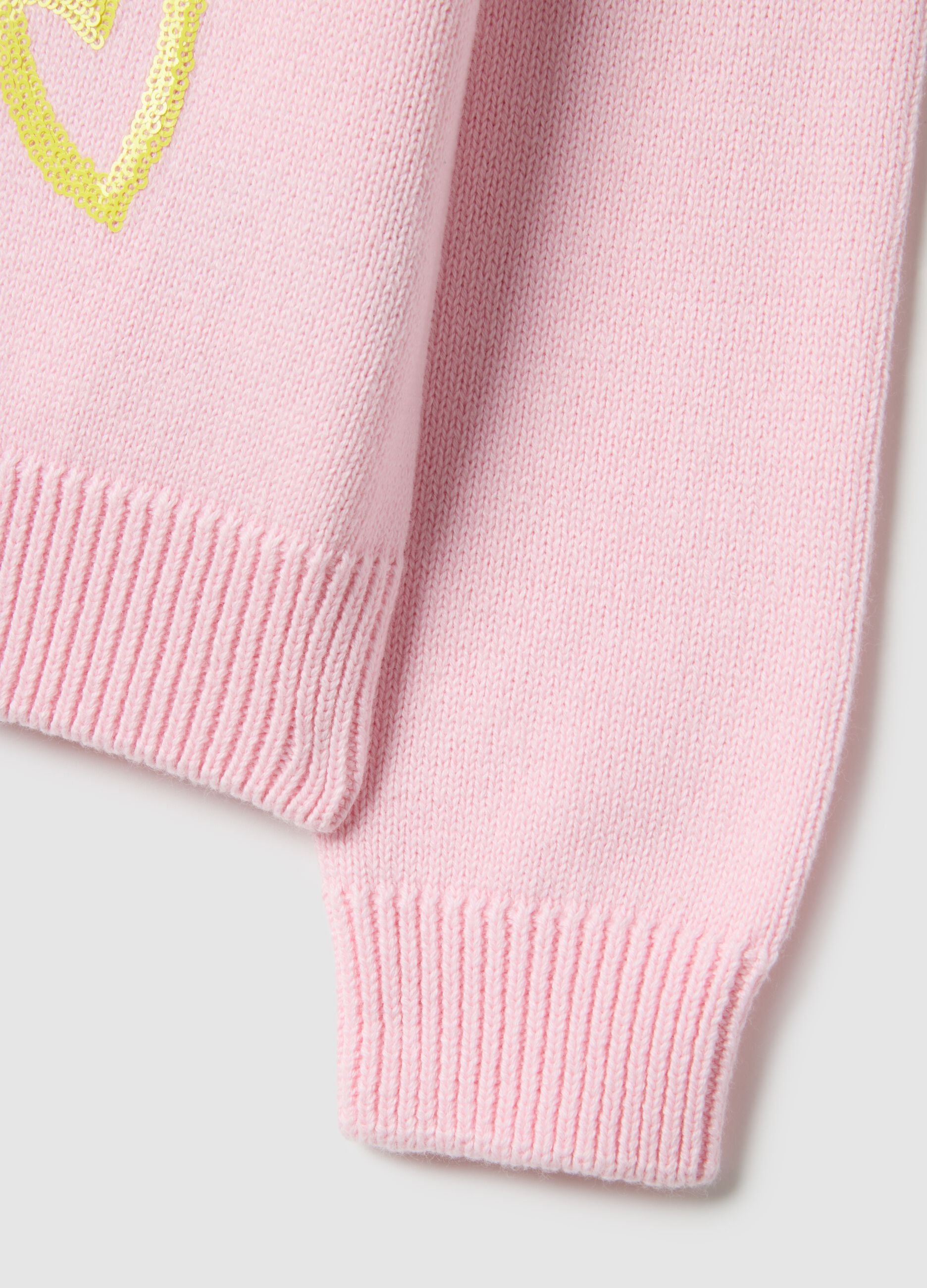 Girls' pink pure cotton sweater with hearts and stars, regular fit