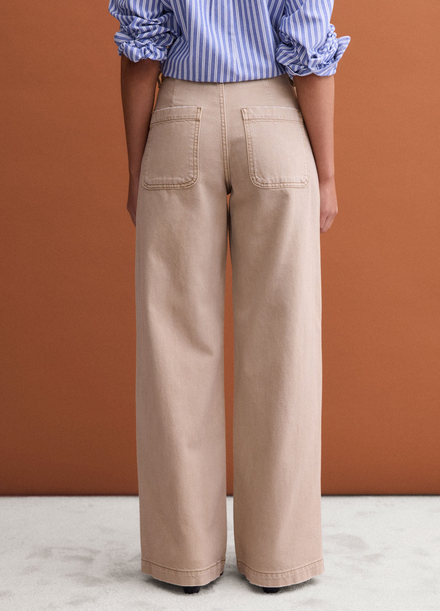 Beige denim wide-leg jeans in pure cotton