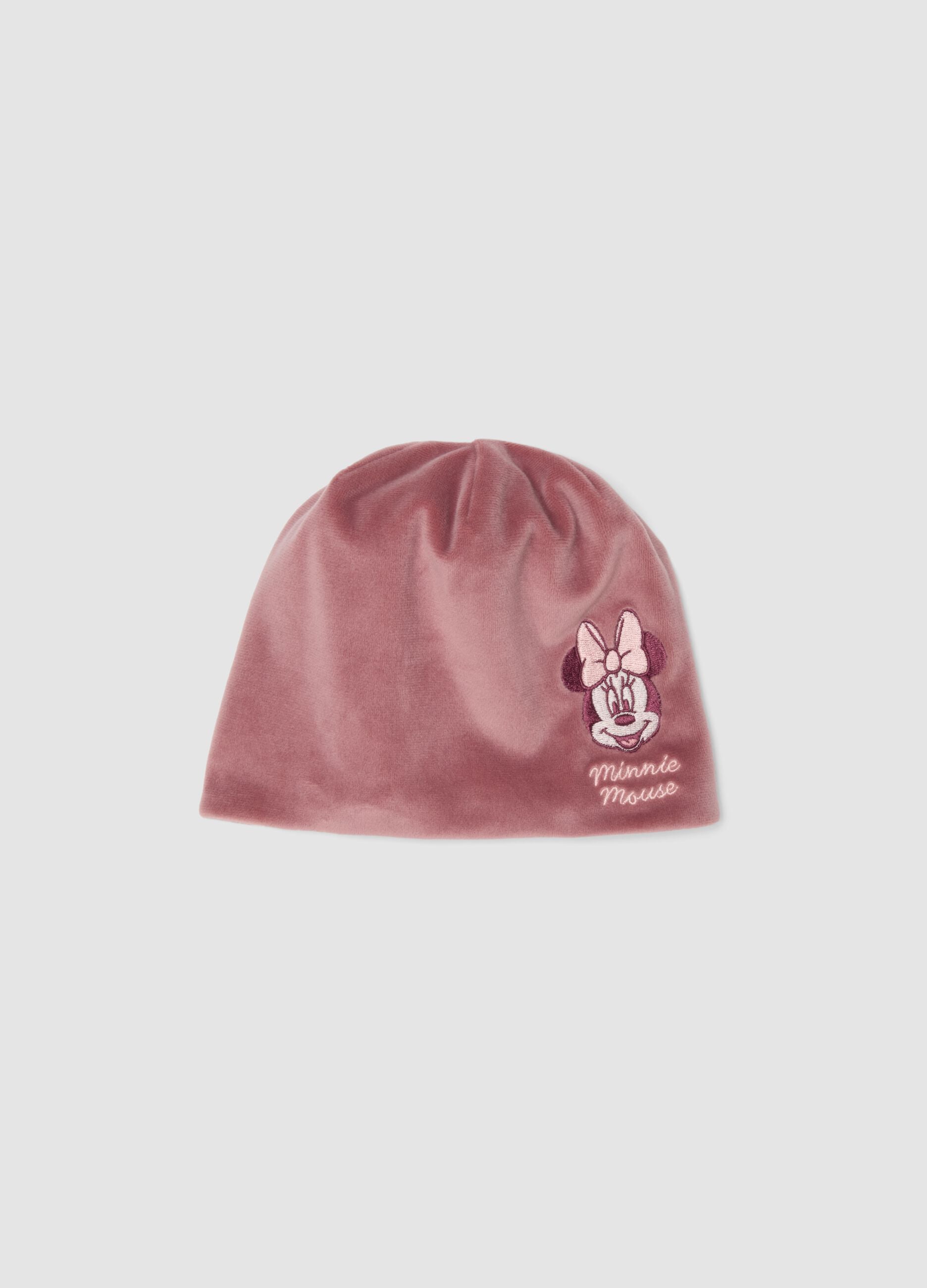 Pink organic cotton jersey hat with Minnie embroidery for baby girl