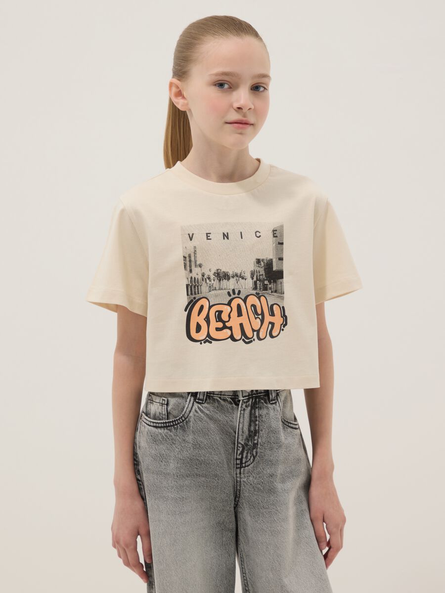 T-shirt beige a maniche corte in cotone organico_0