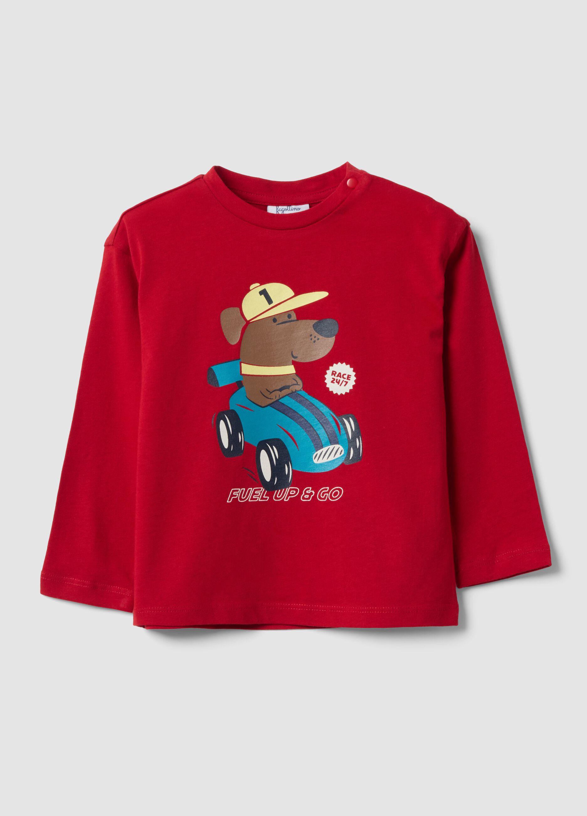 Red pure organic cotton T-shirt with puppy print for boys