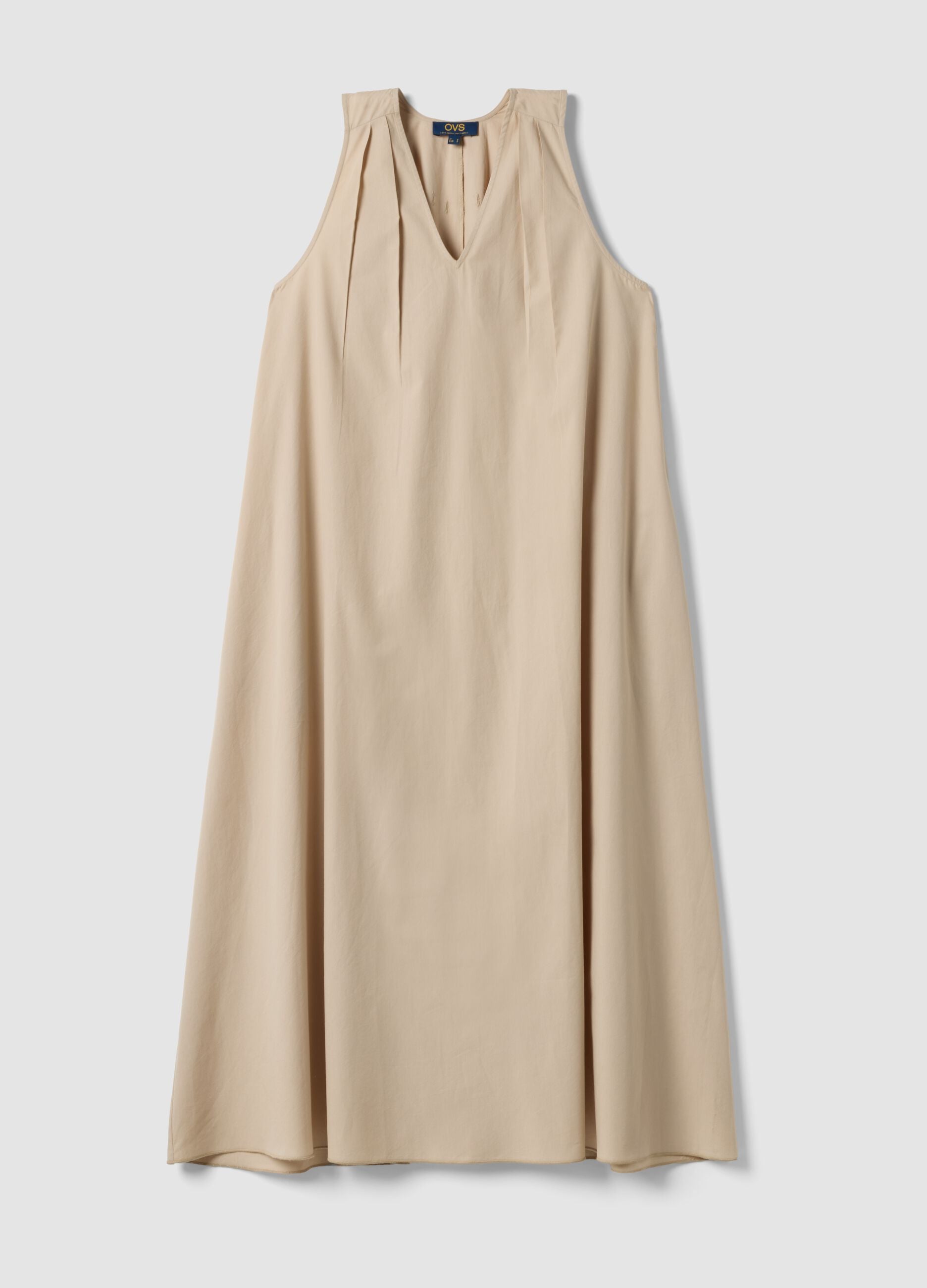 Beige midi dress in pure cotton with V-neck