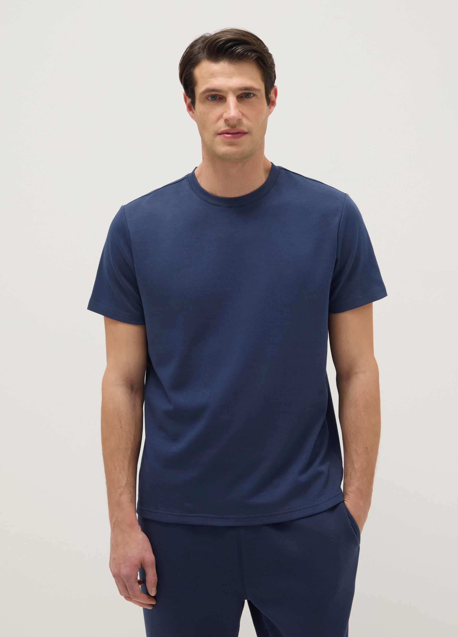 Blue Cotton Blend Crew Neck T-shirt Regular Fit