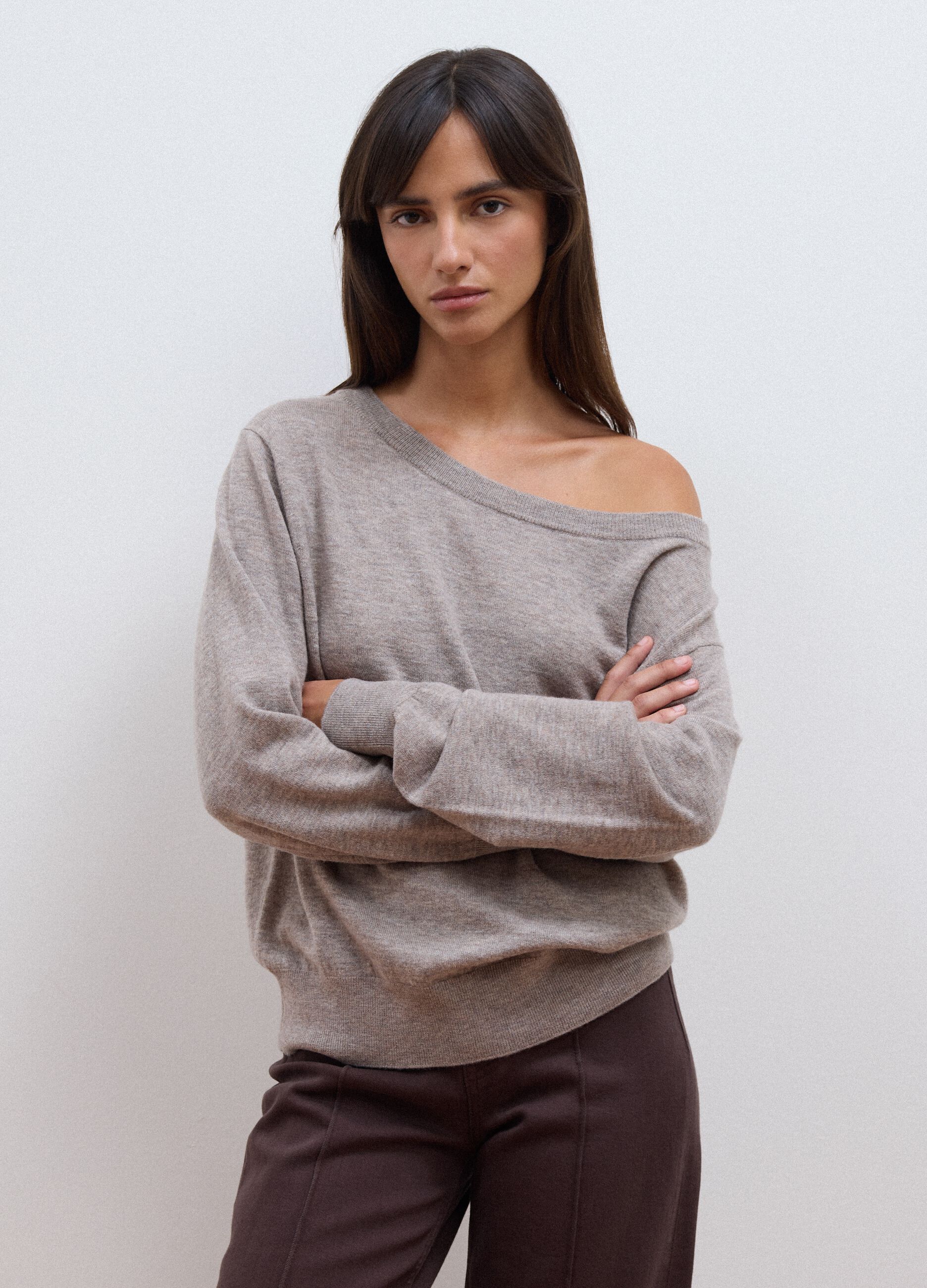 Grey pure wool boat-neck jumper