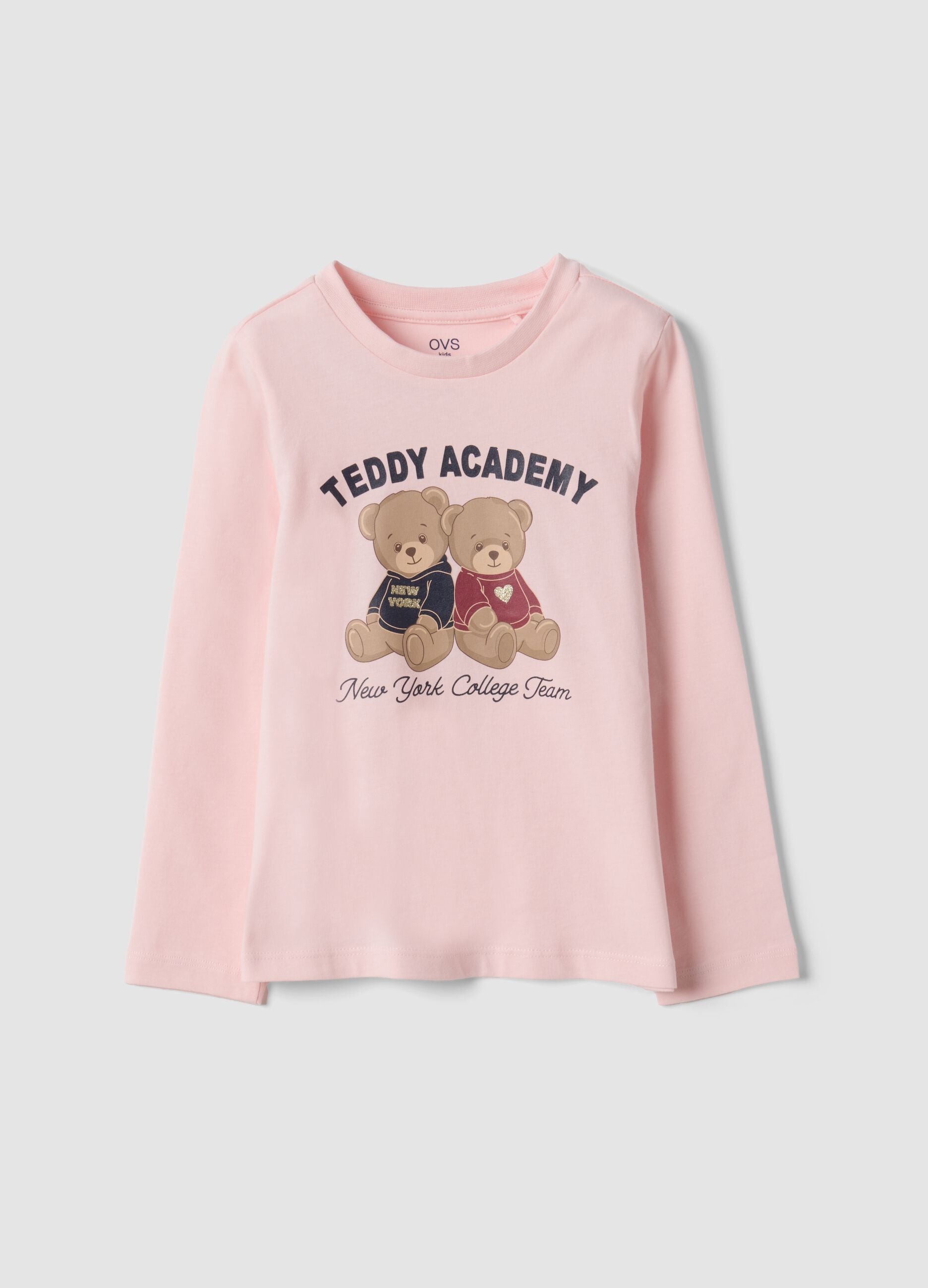 Pink pure organic cotton teddy print T-shirt for girls