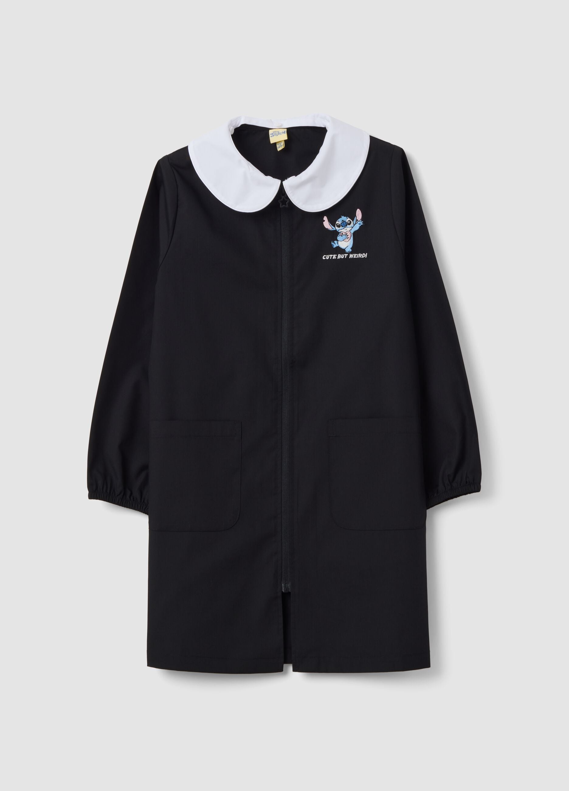 Black girls&rsquo; school smock with white collar and Stitch embroidery