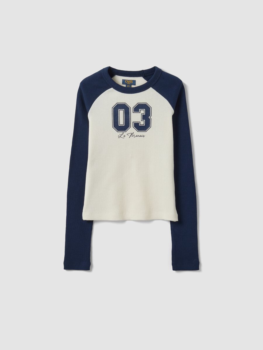 Blue stretch cotton T-shirt with contrast sleeves for girls_3