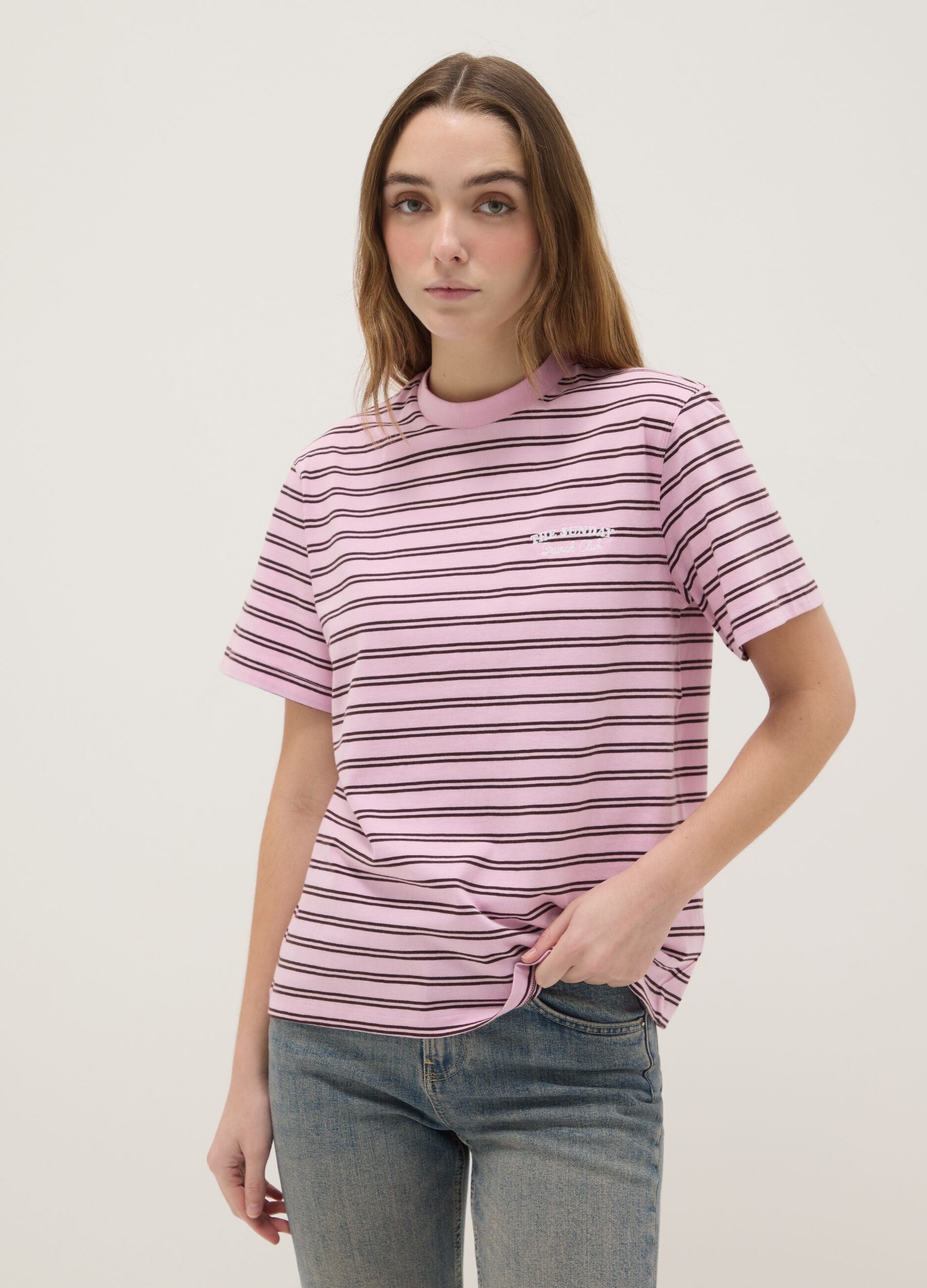 Multicolour striped pure cotton T-shirt with regular fit