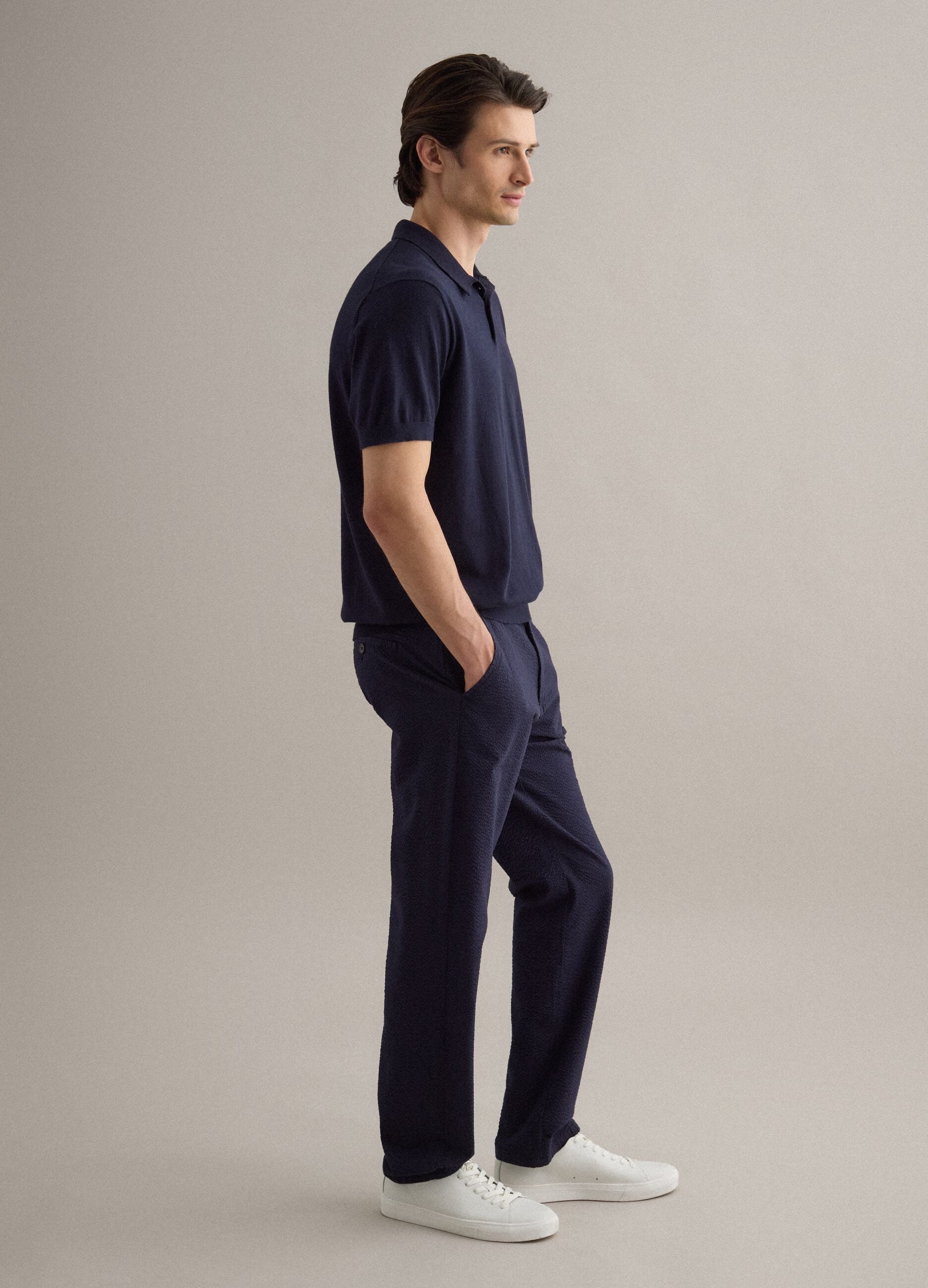 Polo in misto cotone, lino e seta blu regular fit