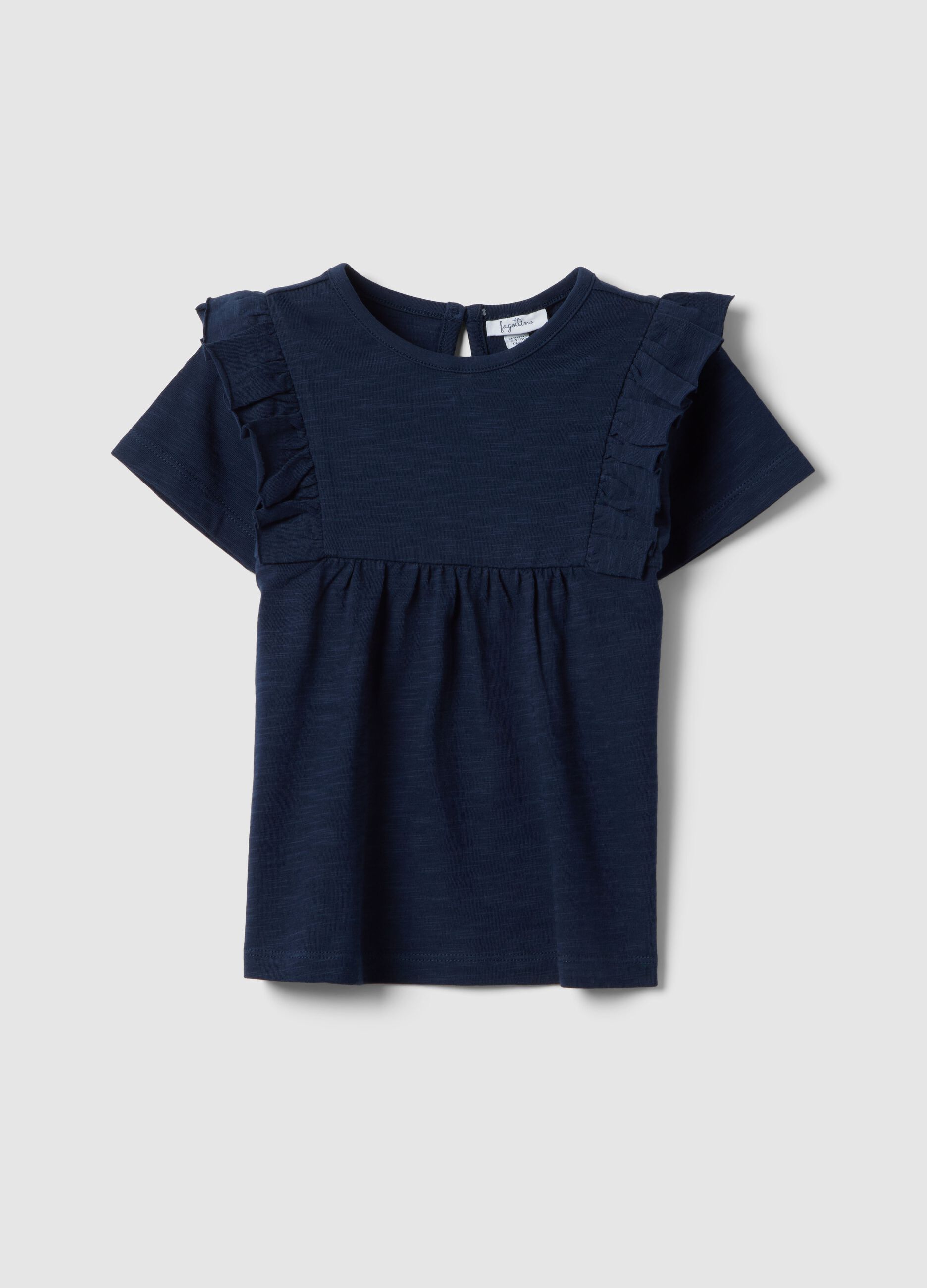 Girls&rsquo; blue pure cotton regular-fit T-shirt with frills