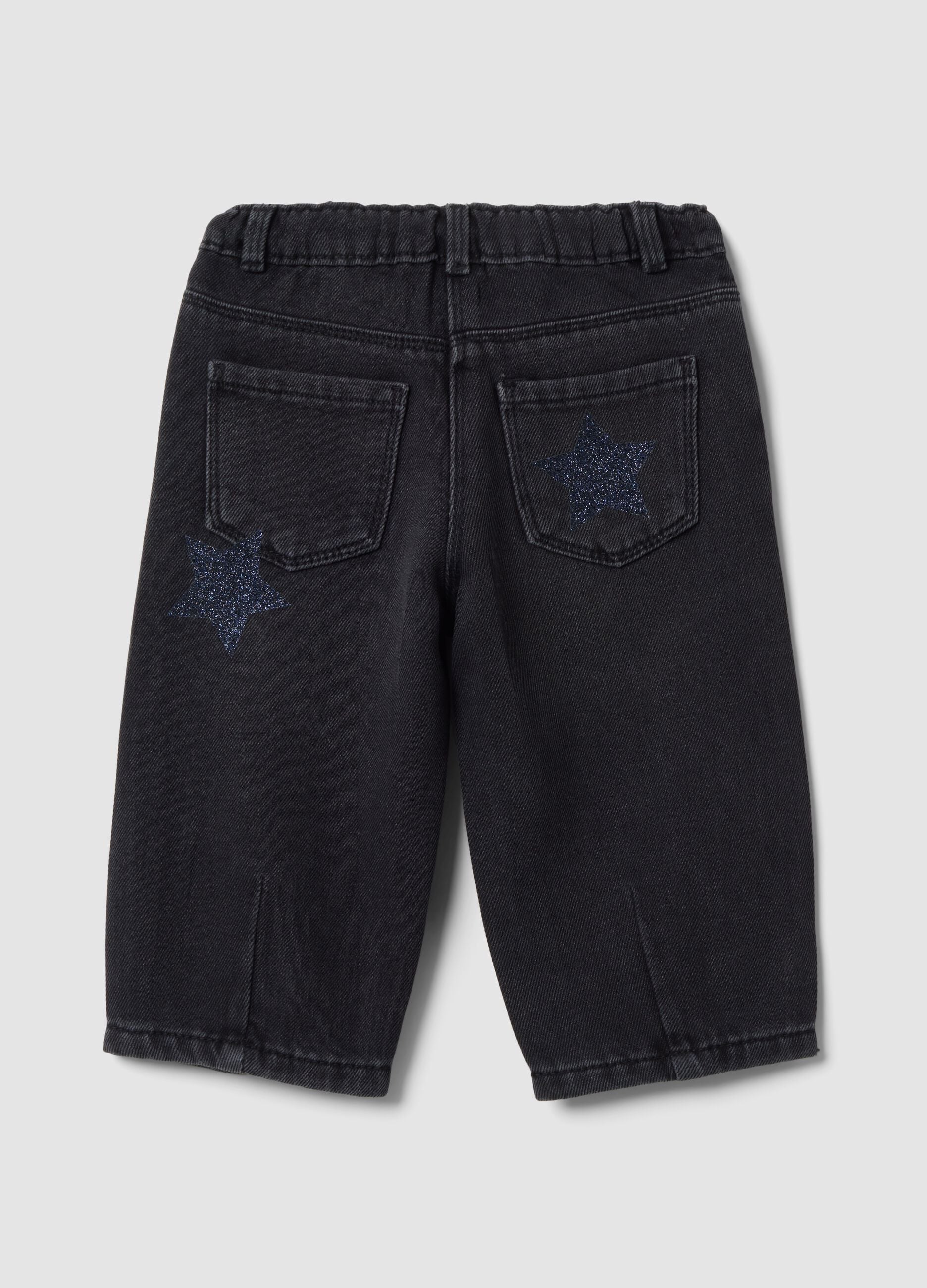 Black balloon-fit jeans in cotton and viscose blend with star print for baby girl