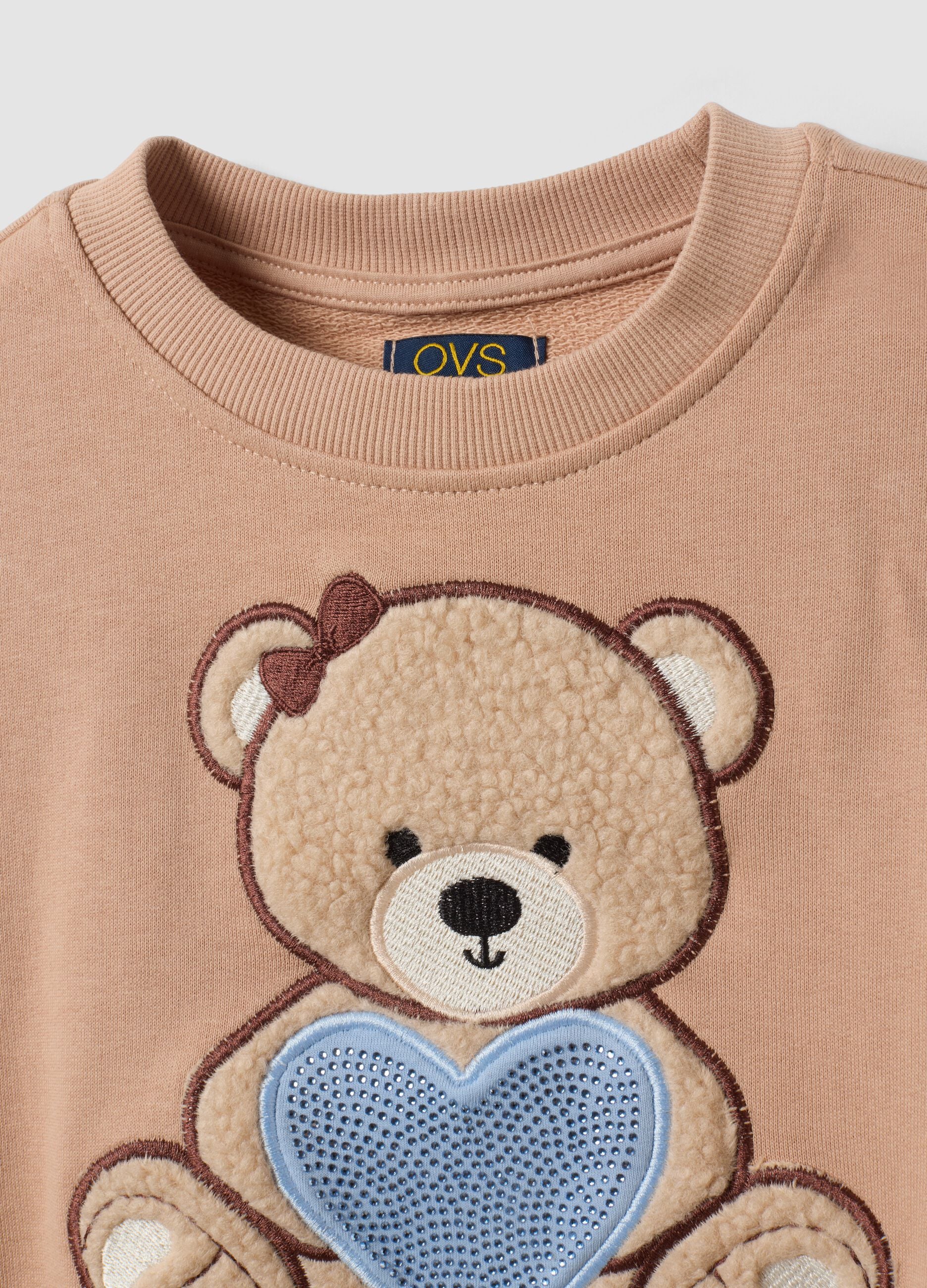 Pure cotton crew-neck set with teddy bear print for girls