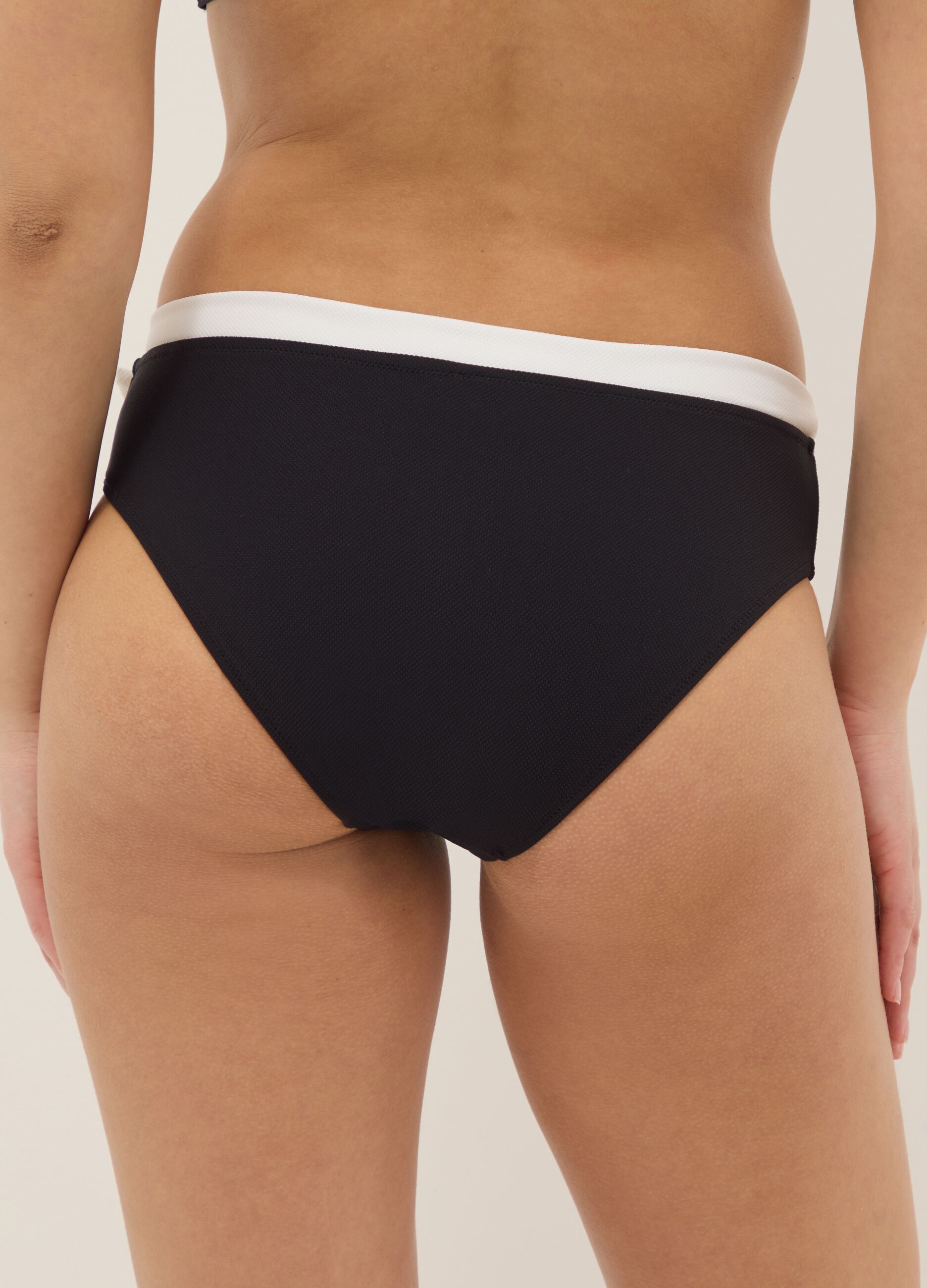 Black stretch bikini bottoms with white drawstring