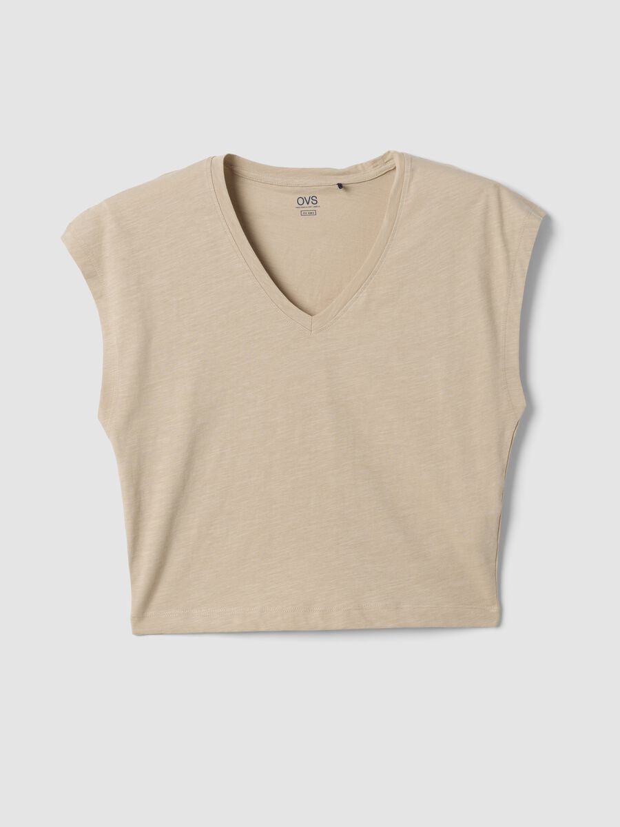 Beige pure cotton V-neck T-shirt_4