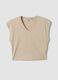 Beige pure cotton V-neck T-shirt_4