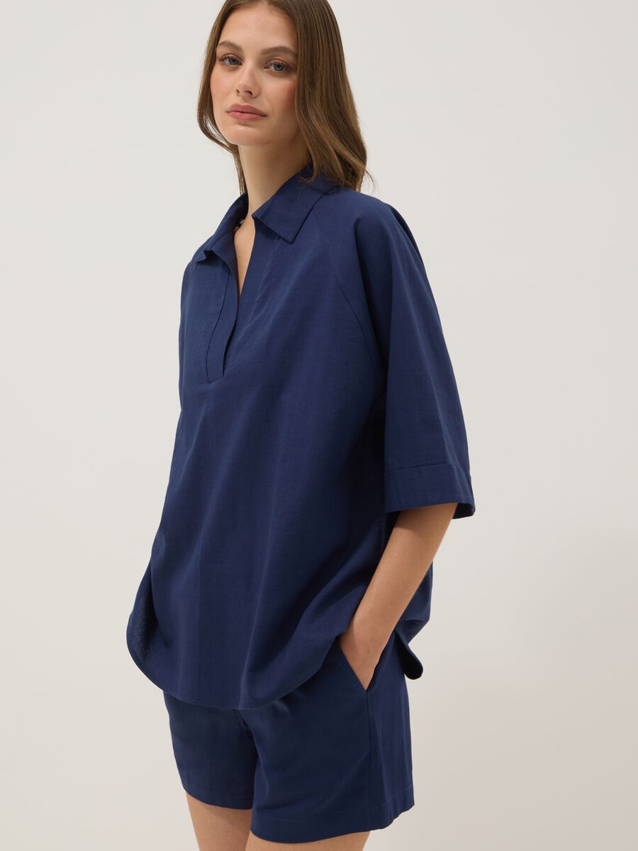 Blue pure cotton V-neck top_0