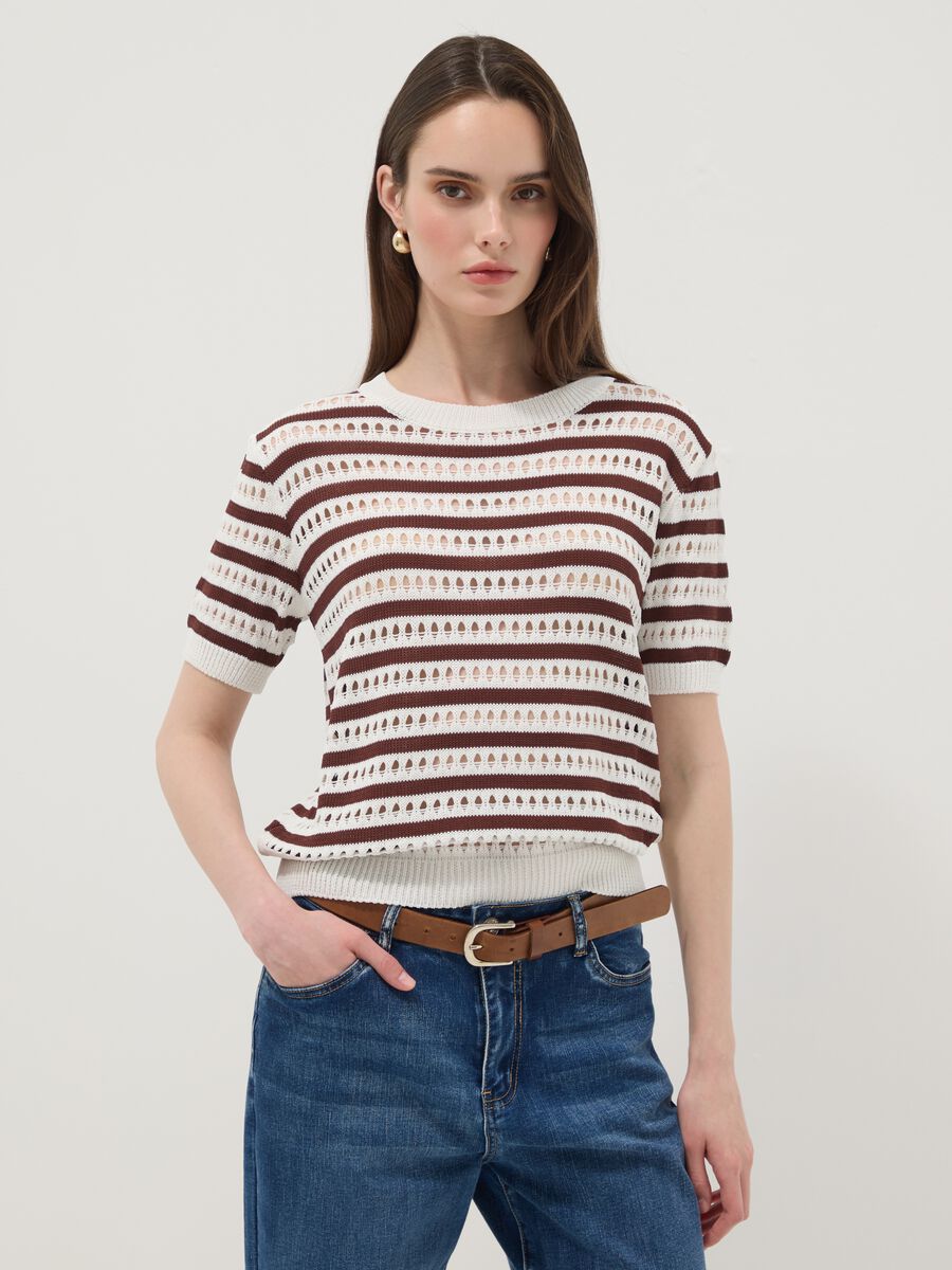 White and brown striped open-knit viscose-blend T-shirt, regular fit_0