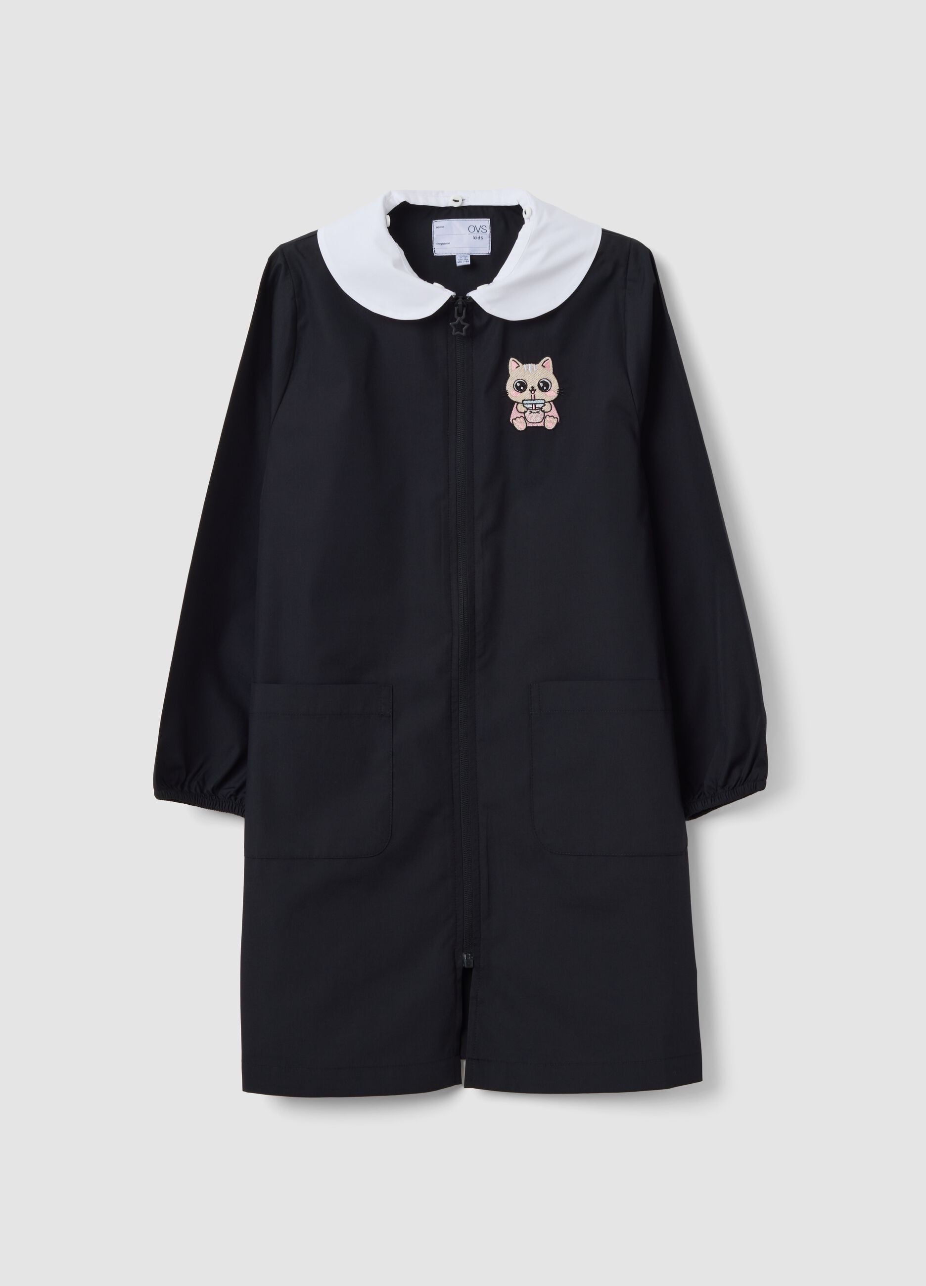 Customisable black school apron for girls with embroidered kitten
