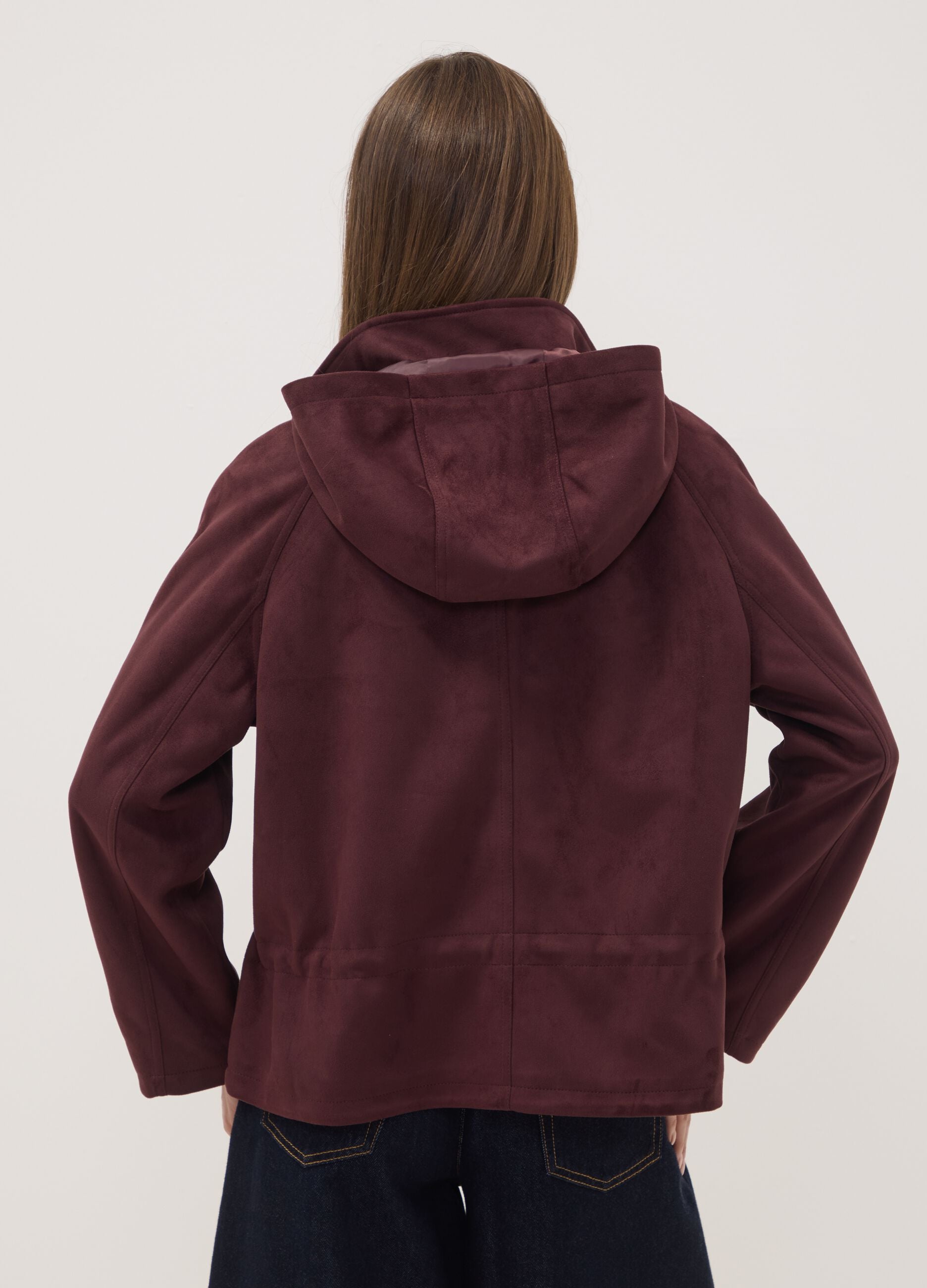 Purple hooded parka with zip and press-stud fastening
