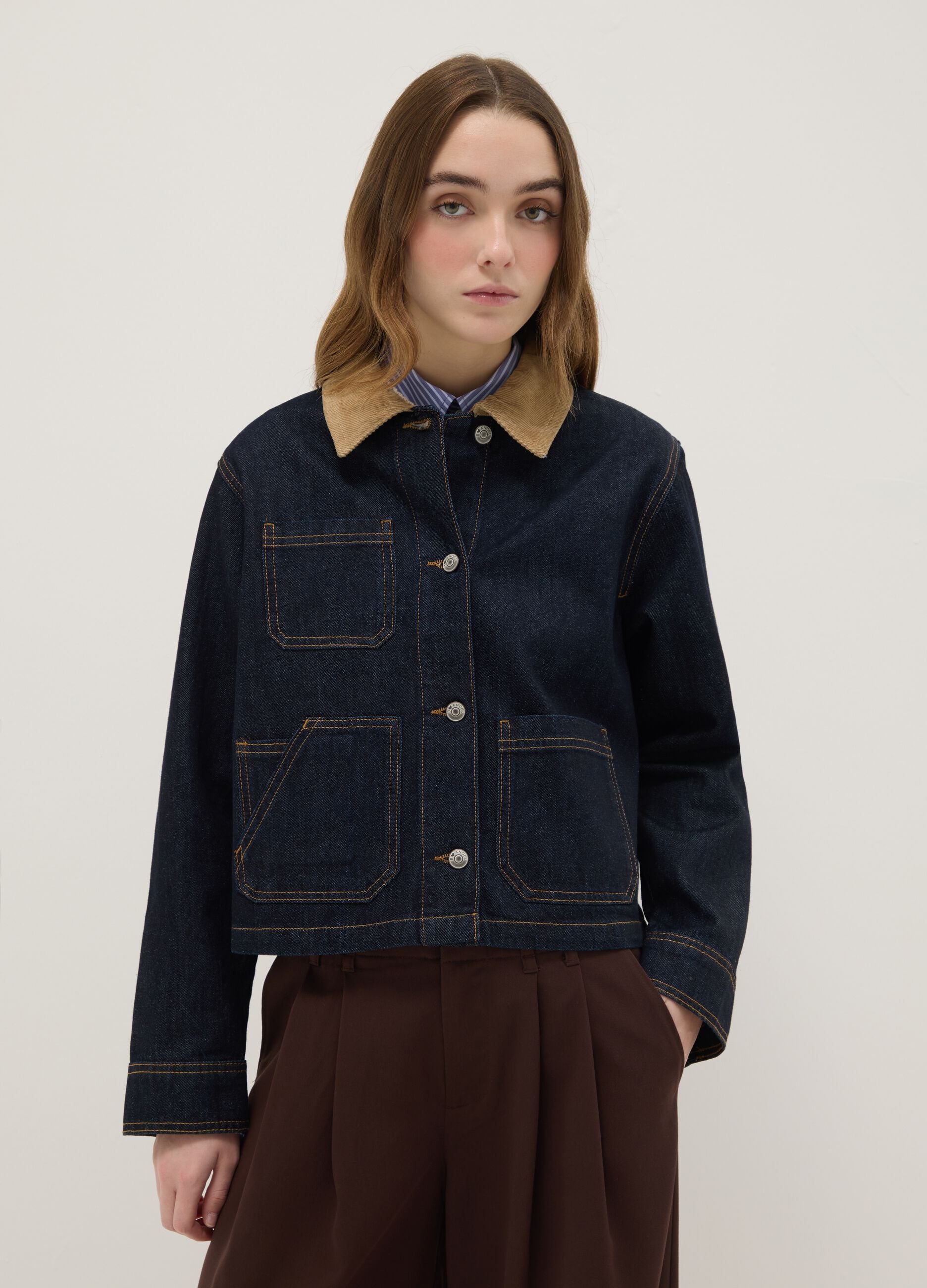Pure cotton blue regular fit jacket with contrasting collar and pockets