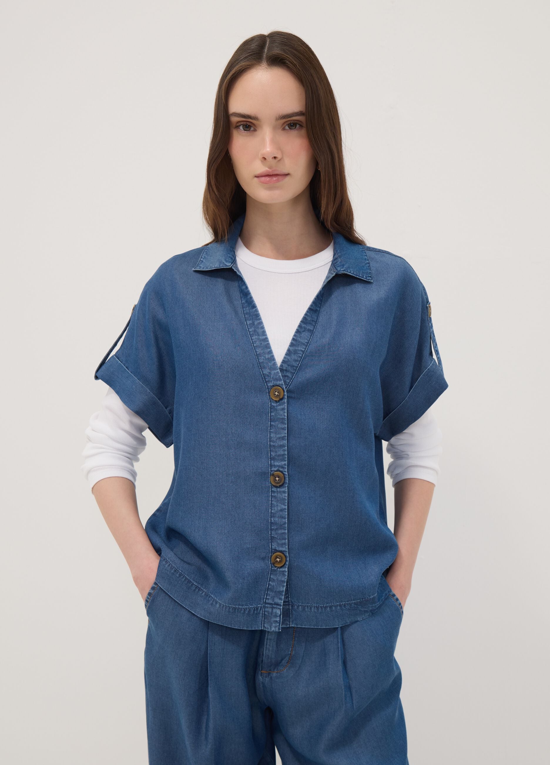 Blue pure lyocell short-sleeved shirt