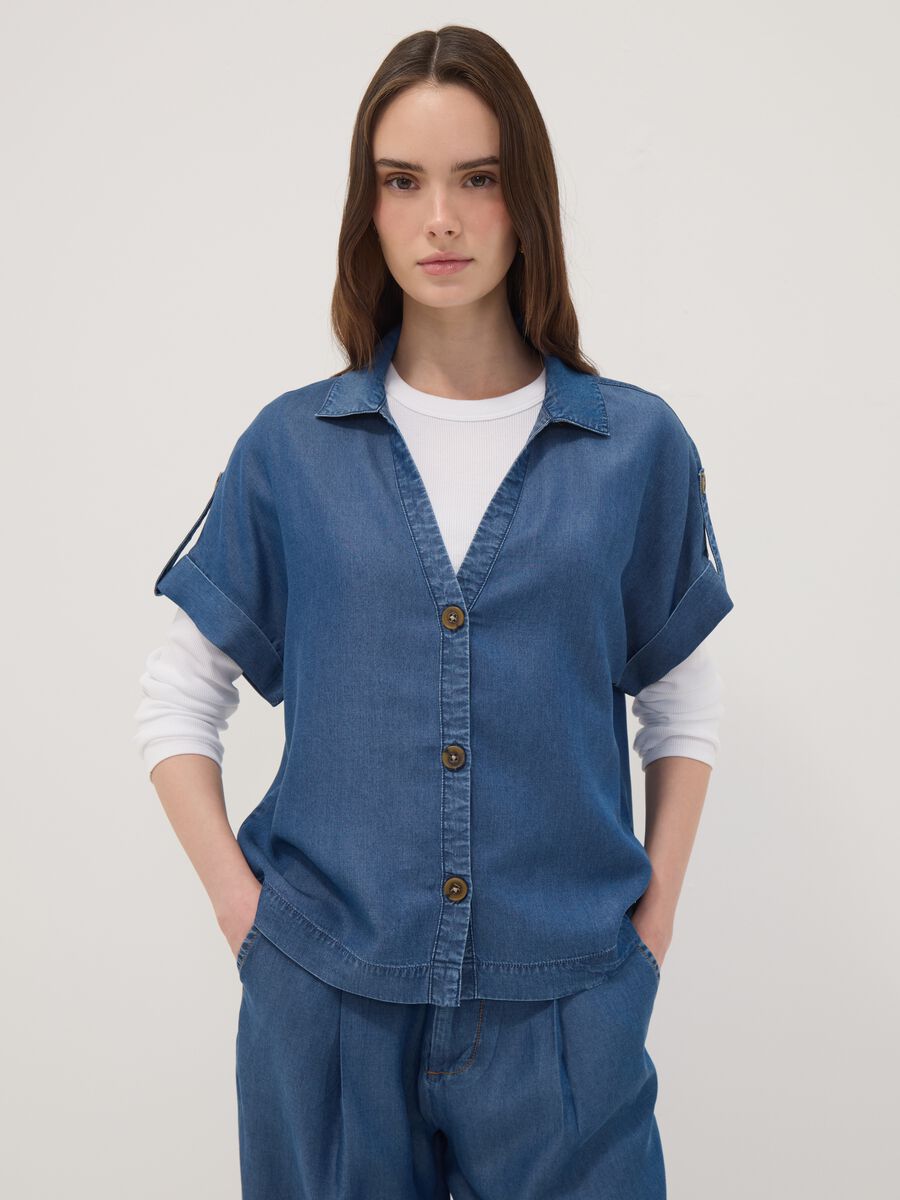 Blue pure lyocell short-sleeved shirt_1