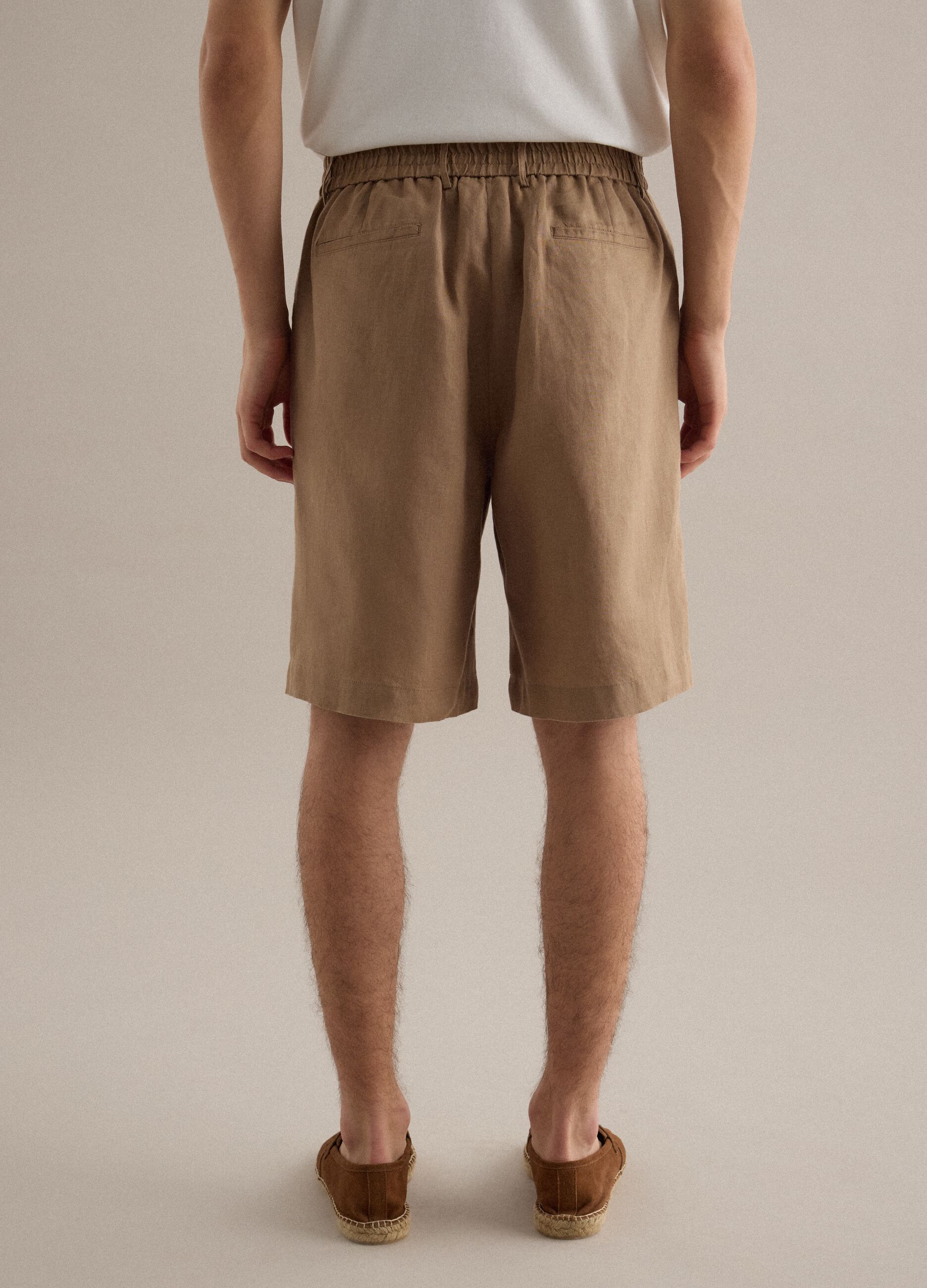 Regular Fit Brown Pure Linen Bermuda Shorts