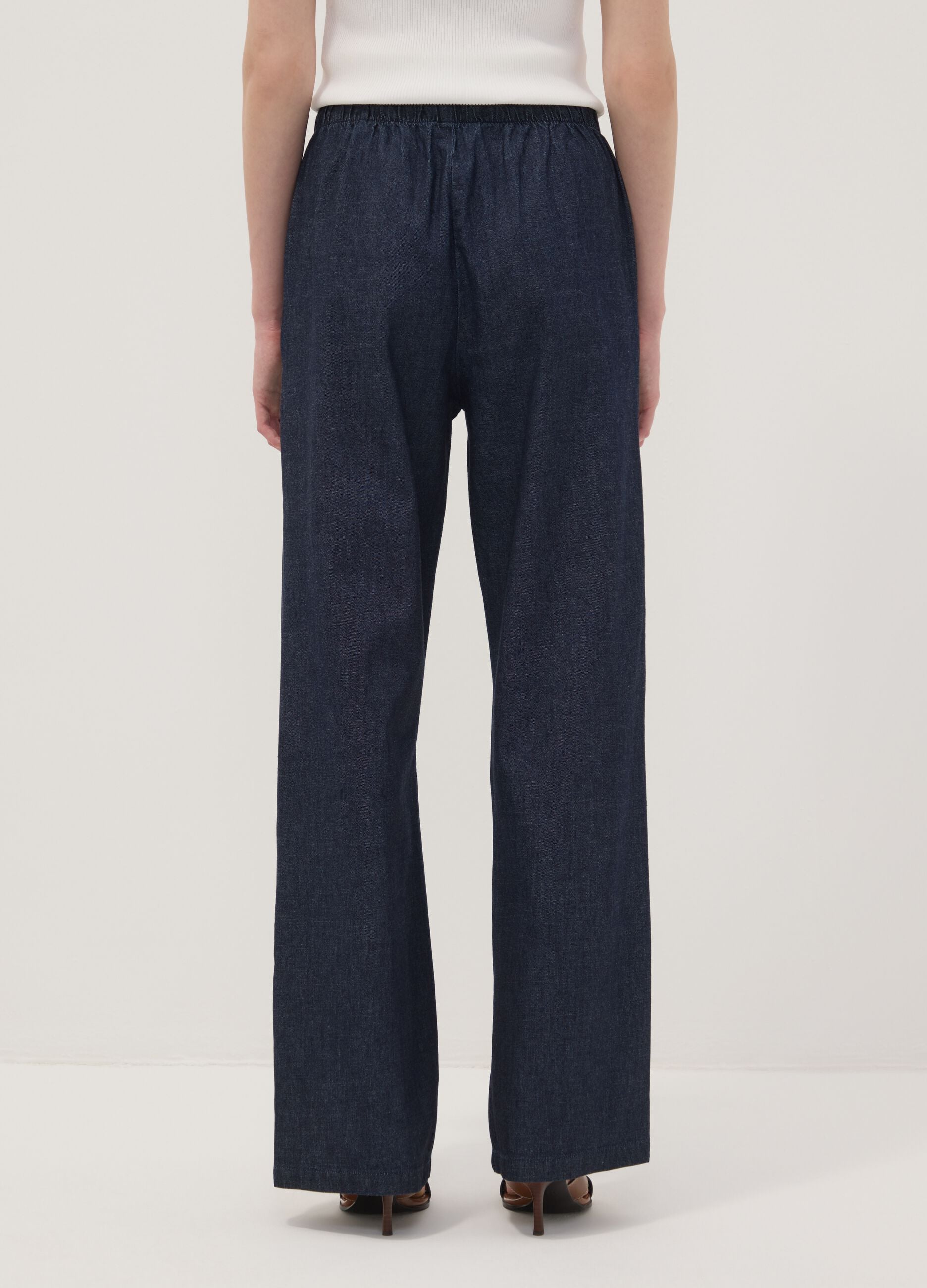 Blue pure cotton wide-leg denim trousers with drawstring