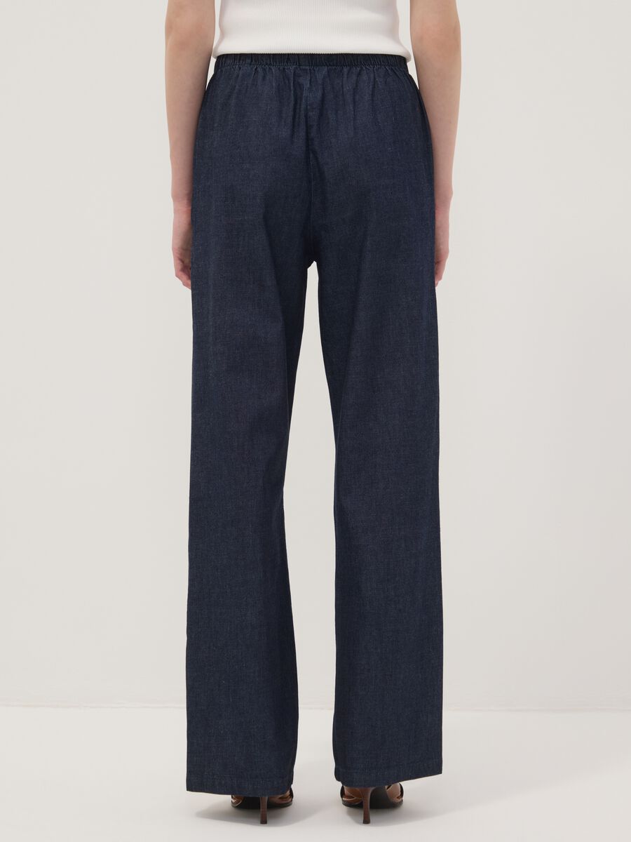 Blue pure cotton wide-leg denim trousers with drawstring_2