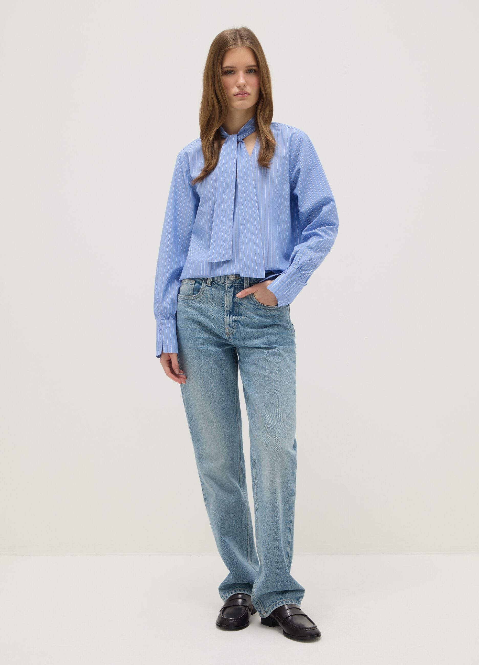 Multicolour striped shirt in pure cotton regular fit with band collar