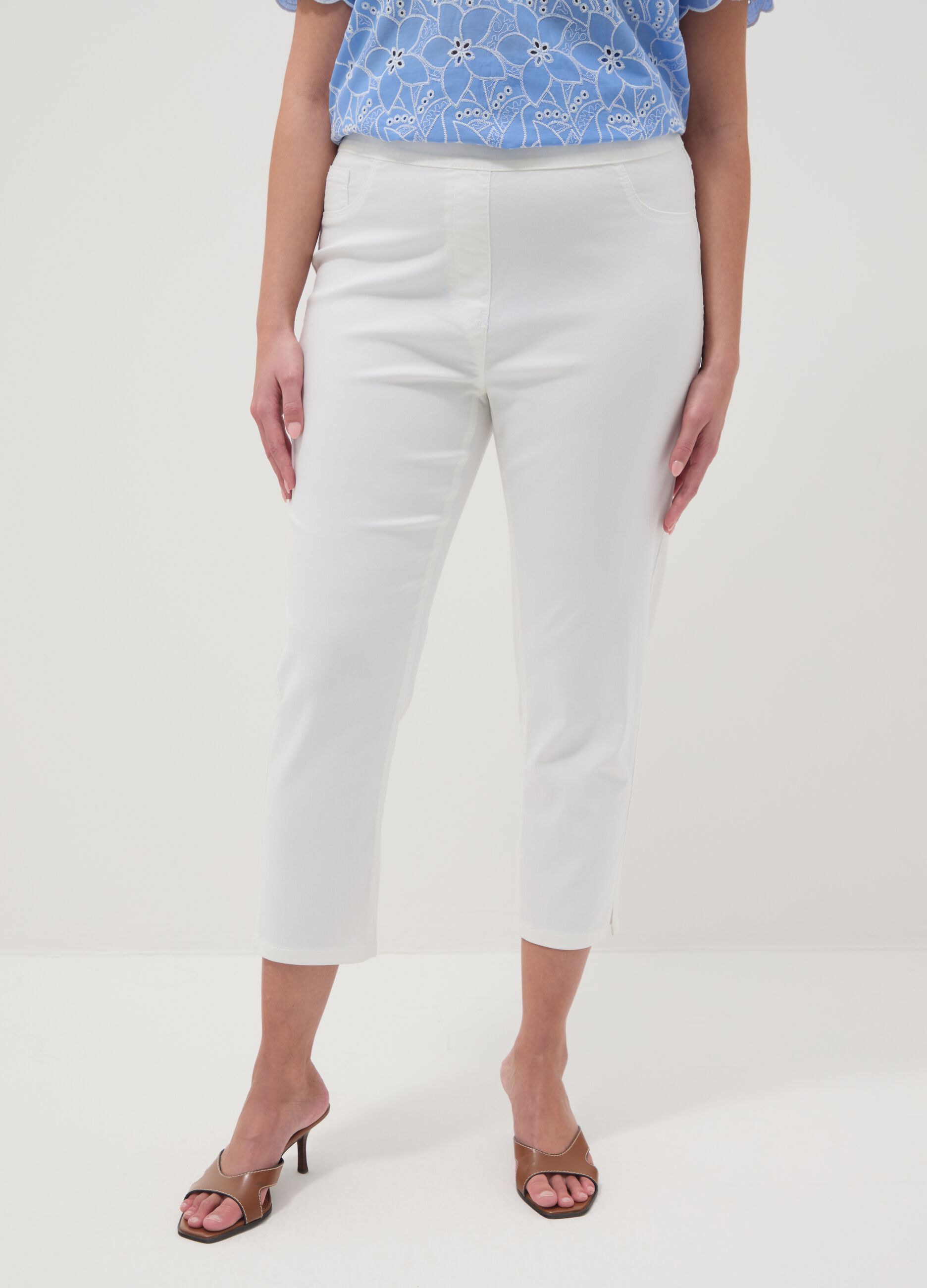 White slim fit stretch cotton blend trousers