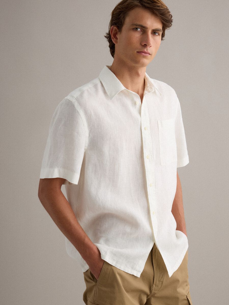 White pure linen short-sleeve shirt, regular fit with chest pocket_0