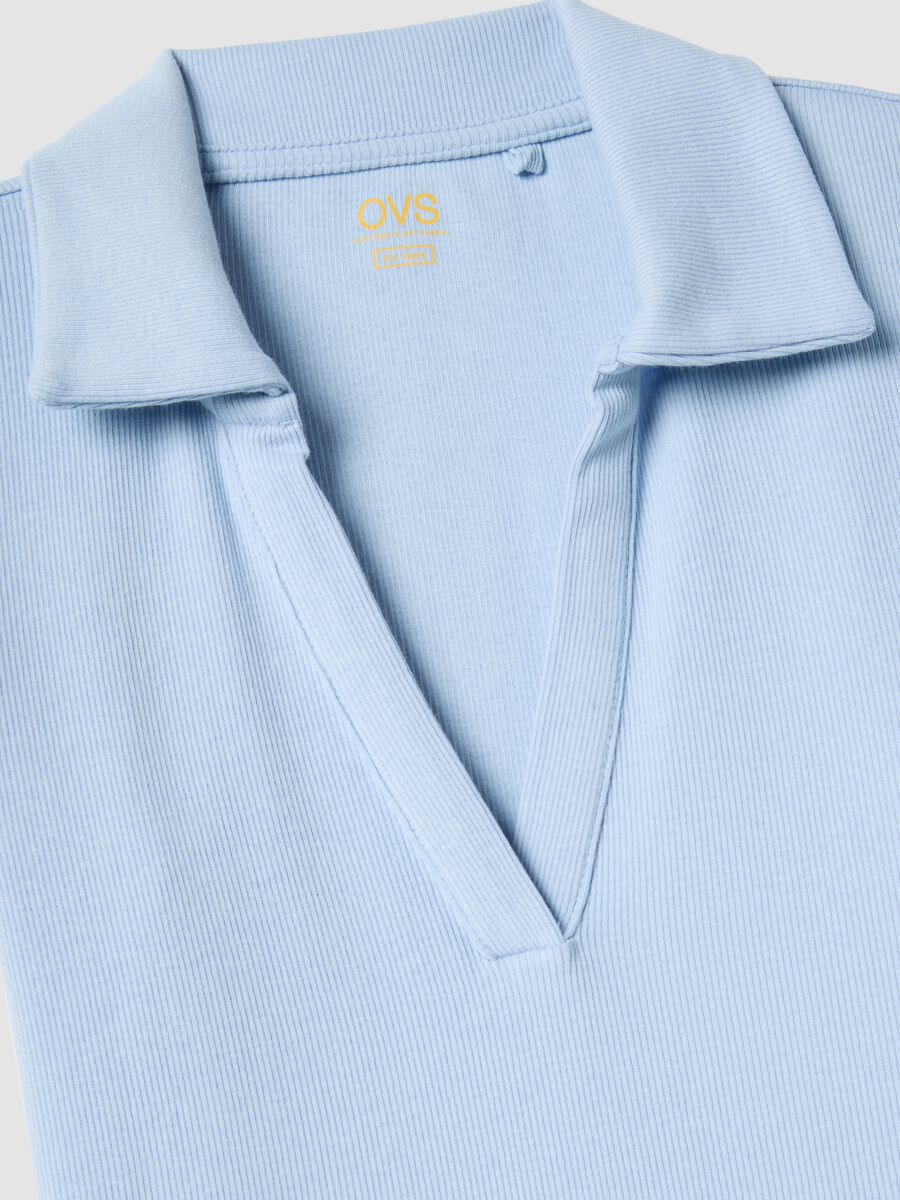 Sky Blue Stretch Cotton Polo Regular Fit Deep V-Neck_5