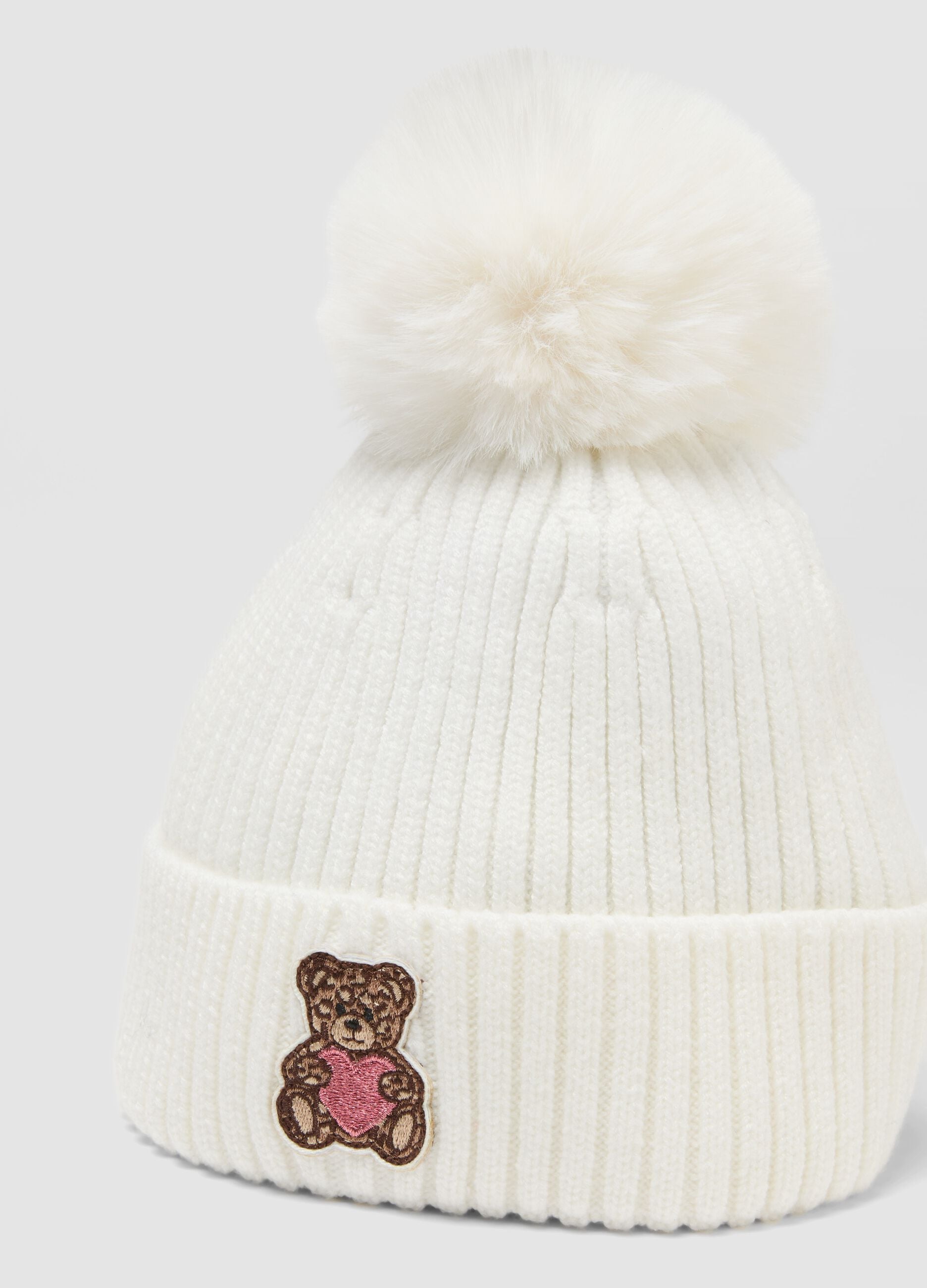 White ribbed viscose-blend beanie with pompom