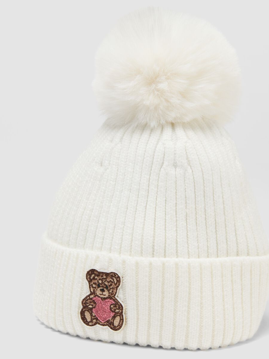 White ribbed viscose-blend beanie with pompom_2