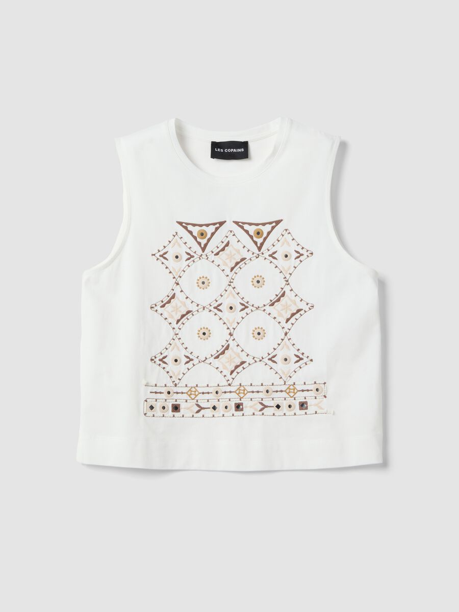 White cotton tank top with regular fit and embroidery_4