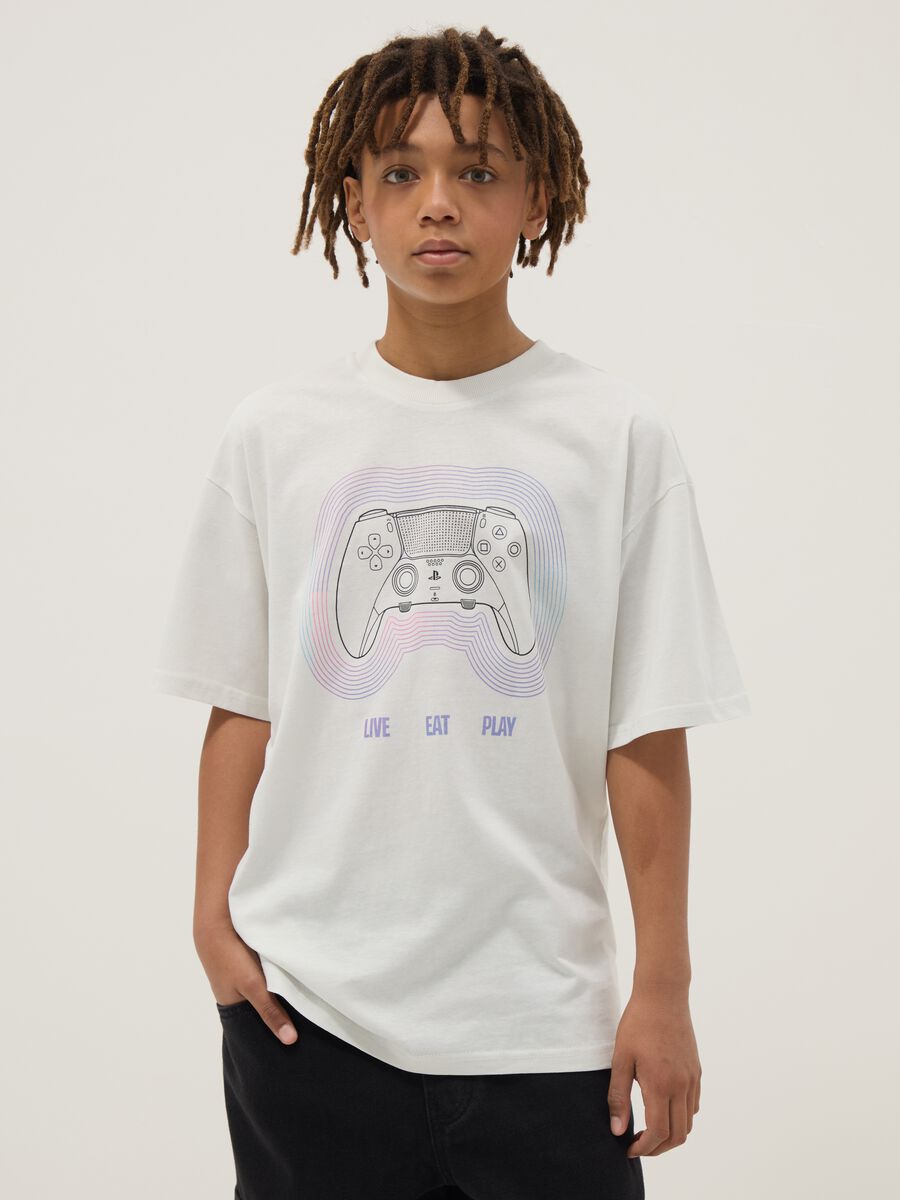 T-shirt in puro cotone bianca oversize fit con stampa da ragazzo_0