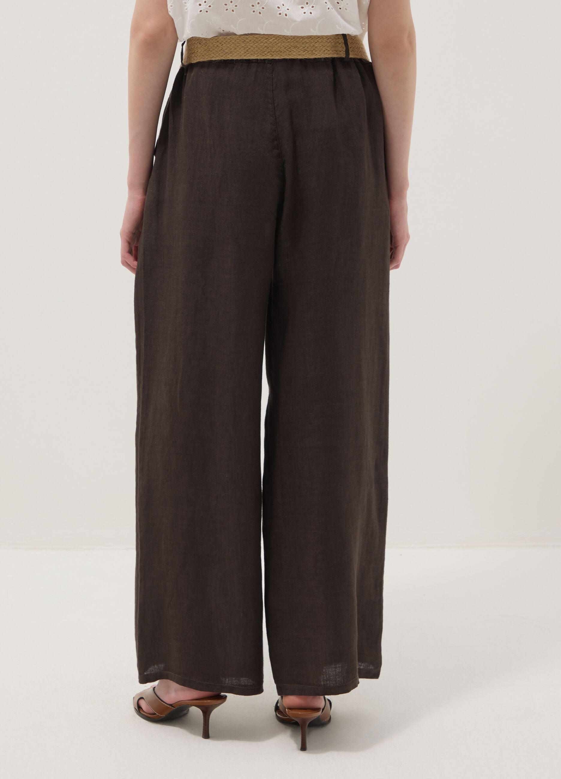 Brown pure linen wide-leg trousers with elasticated waist