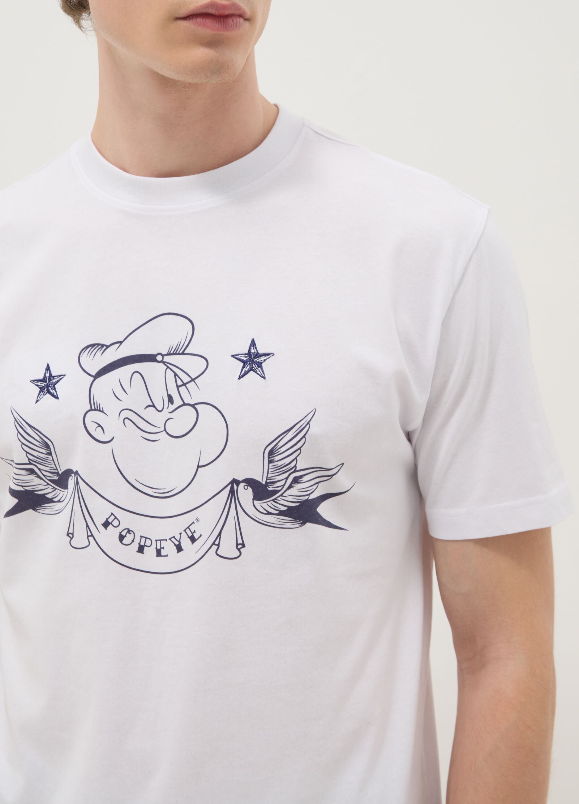 White regular fit pure cotton T-shirt with Popeye print